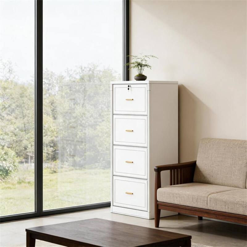 Alt View 3. HTUTWOO - 4 Drawer File Cabinet - Vertical Filing Cabinet with Lock, Full Extension Drawers, Adjustable Hanging Bars, Gold Handles - White.