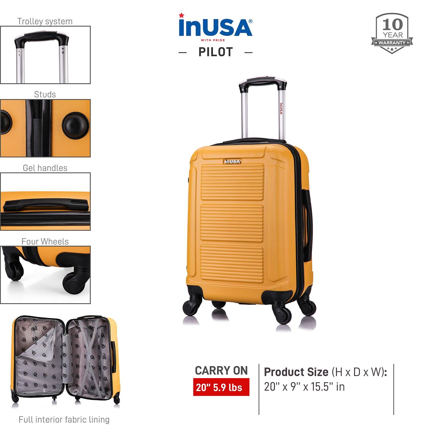 - **Trolley system**
- **Studs**
- **Gel handles**
- **Four Wheels**
- **Full interior fabric lining**

**CARRY ON**  
20" 5.9 lbs

**Product Size (H x D x W):**  
20" x 9" x 15.5" in

**10 YEAR WARRANTY**