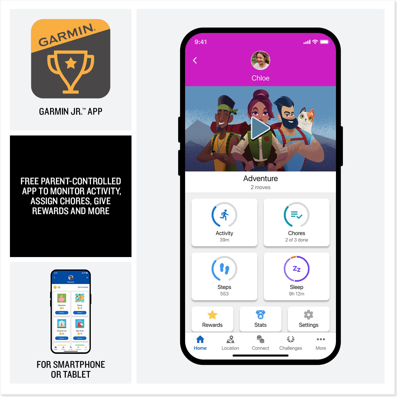 GARMIN JR.™ APP
FREE PARENT-CONTROLLED APP TO MONITOR ACTIVITY, ASSIGN CHORES, GIVE REWARDS AND MORE
FOR SMARTPHONE OR TABLET
9:41
Chloe
Adventure 2 moves
Activity 39m
Chores 2 of 3 done
Steps 553
Sleep 9h 12m
Rewards
Stats
Settings
Home
Location
Connect
Challenges
More