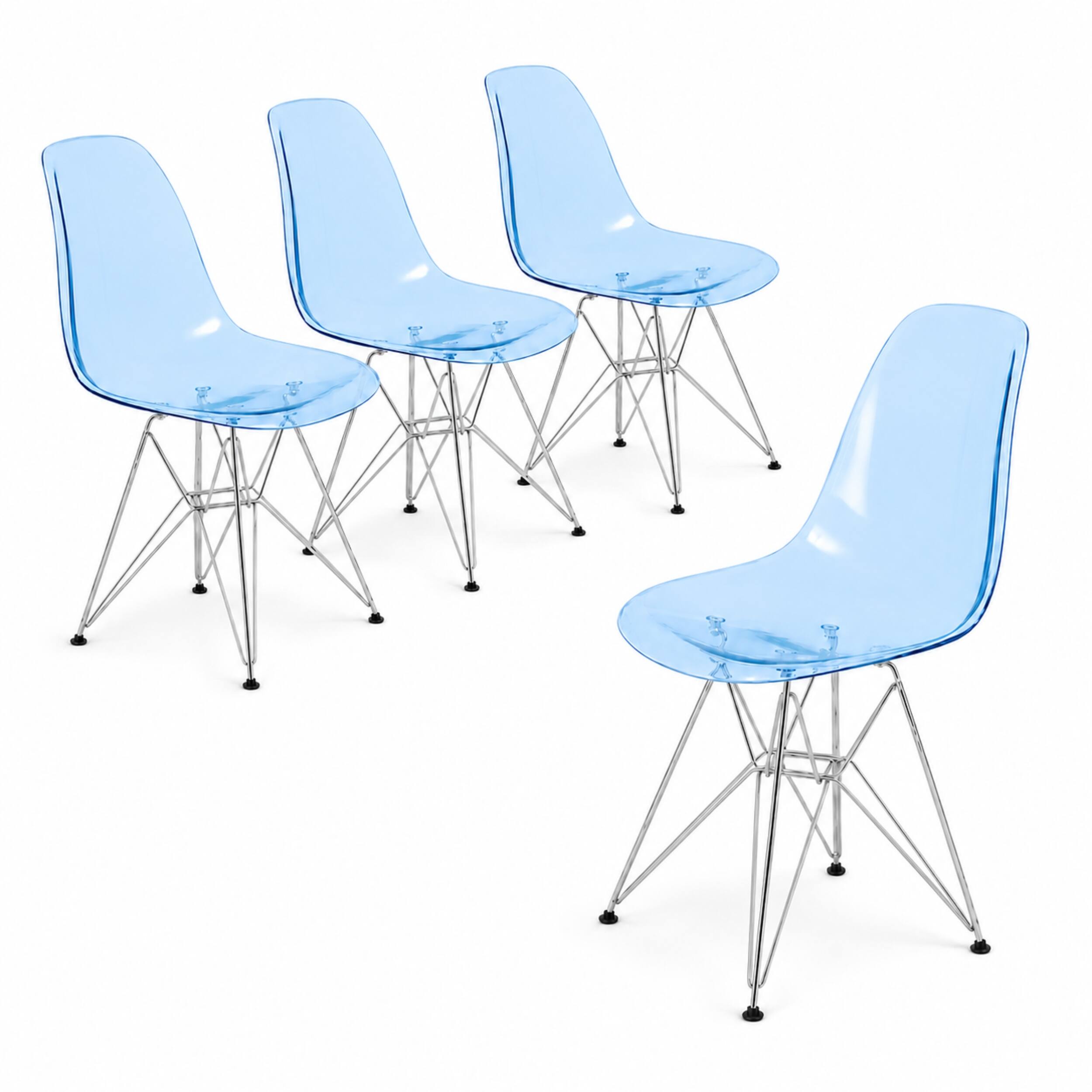Front. LeisureMod - Cresco 4-Pieces Ergonomic Acrylic Dining Chair with Chrome Eiffel Base for Home or Office - Transparent Blue.