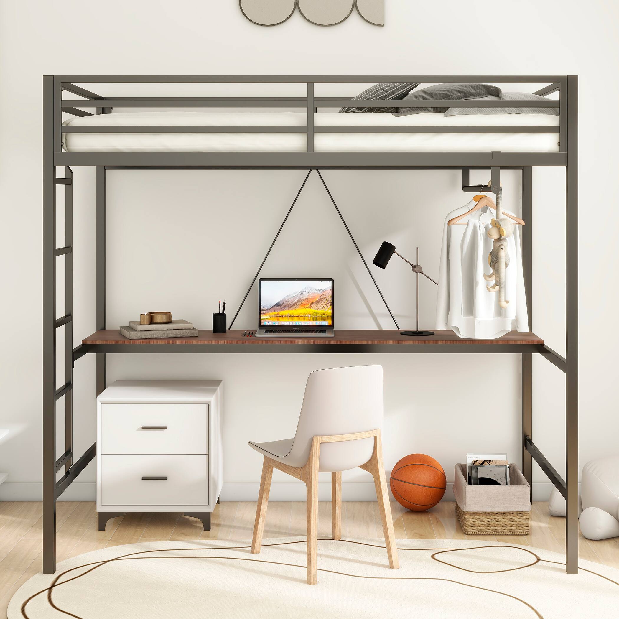 Alt View 5. Ecooso - Twin Loft Bed Cinnamon Wood Desk and Closet Rod for Adult and Kids, Loft Bed with Easy Climbing Ladder and Guardrails - Black.
