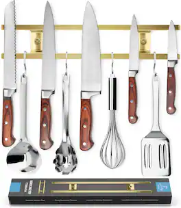 Zulay Kitchen - (12 Inch) Stainless Steel Magnetic Wall Mount Knife Holder with Extra Hanging Hooks - Gold