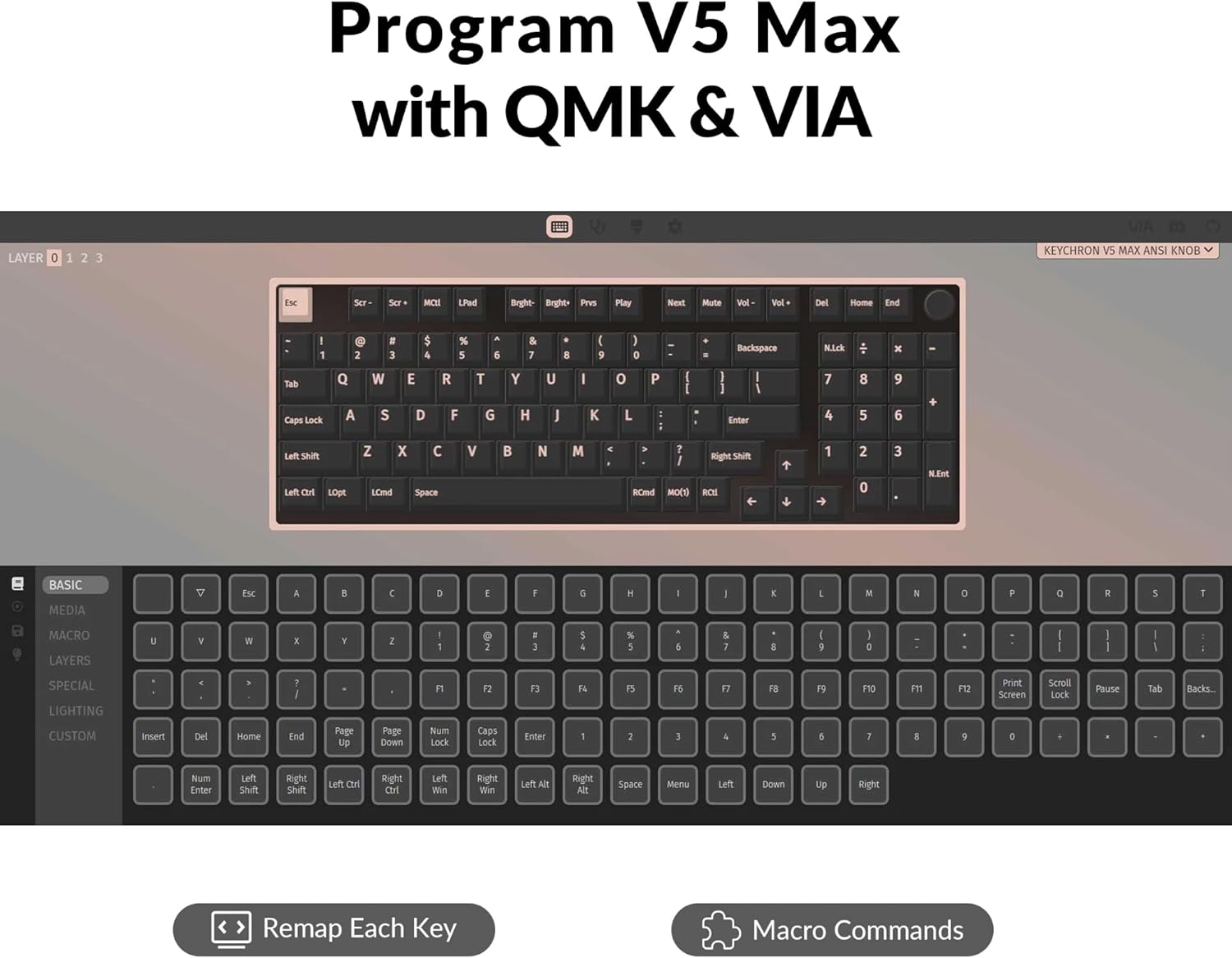 Program V5 Max with QMK & VIA LAYER 1 2 3 KEYCHRON vs MAX ANSI KNOB ES Sor SCr MCH Led Bright- Brights PVS Play Neal Mute Vol Vol Del Home End .  3 $ % 6 & 8  5 ) D Backspace ELd  x Tab Q W E R T Y U I o P I 7 8 9 Caps Lock A S D F G H J K L Enter 4 5 6 Let shit Left or LDpt Z X  L0nd Space V  N M I RCnd MOC Right Shitt RCE 1 2 0 3 N.Ent BASIC MEDIA  Esc A B  D E 5 H K M N D F a R MACRO LAYERS W X Y 2 . 5 % & I SPECIAL LIGHTING  12 F3 a 15 F5 F FB 1S F10 FI F12 Print Screen Scroll Lock Pause Tab Backspace CUSTOM Insert Del Home End Page up Page Down Page Up Right Shift Left Ctrl Left Win Right Win Lett Alt Right Alt Space Menu Lett Down Up Right Remap Each Key Macro Commands