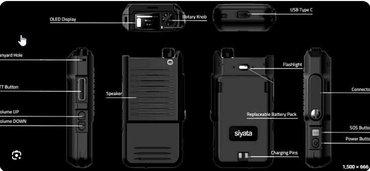 OLED Display  
Rotary Knob  
USB Type C  
Parachute Hole  
Flashlight  
T Button  
Speaker  
Connecto  
Volume UP  
Volume DOWN  
Replaceable Battery Pack  
SOS Button  
Power Button  
Charging Pins  
1,500 x 666