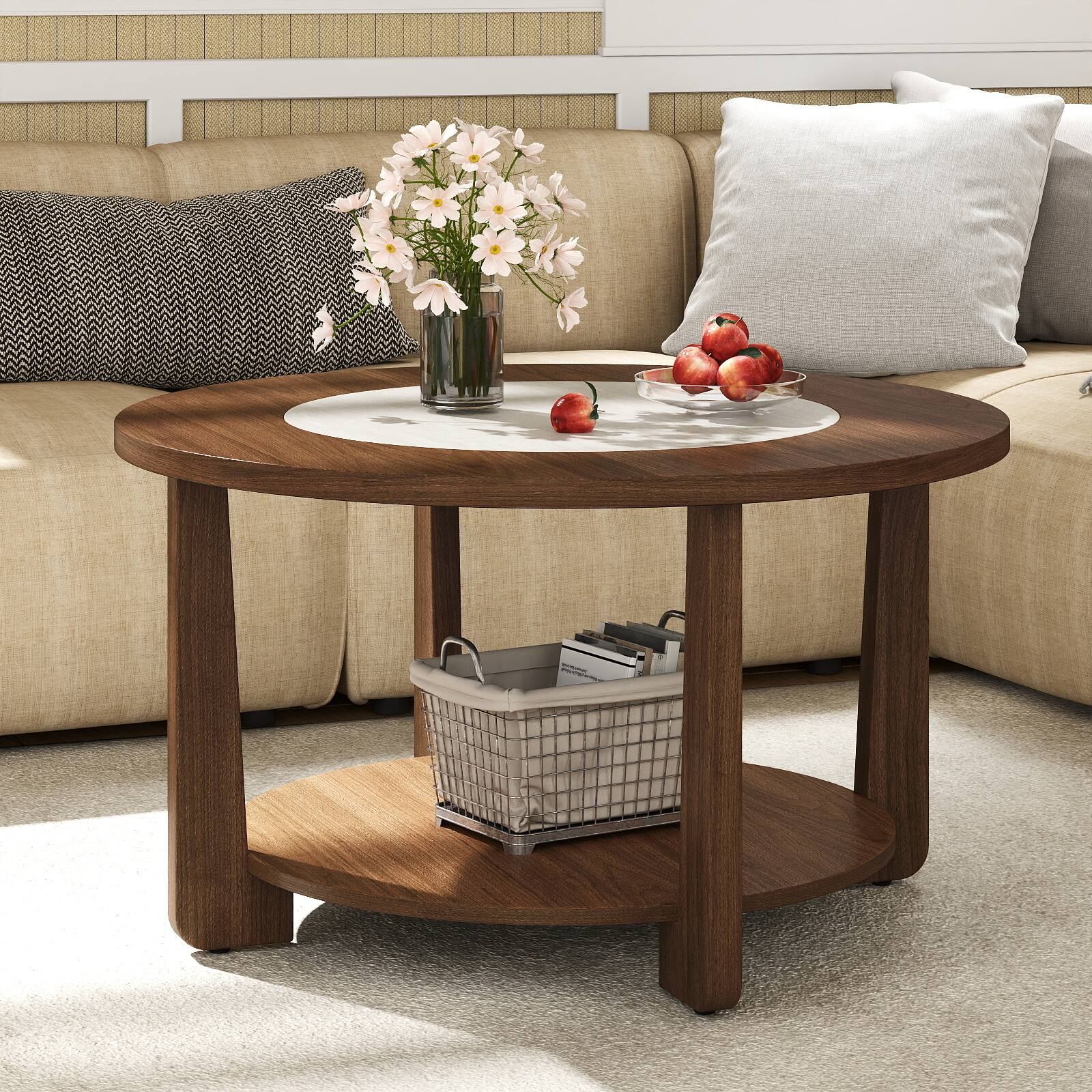 Alt View 4. Gymax - Gymax Round Coffee Table w/ 2-Tone Tabletop & Open Storage Shelf Wood Support Legs - Brown.