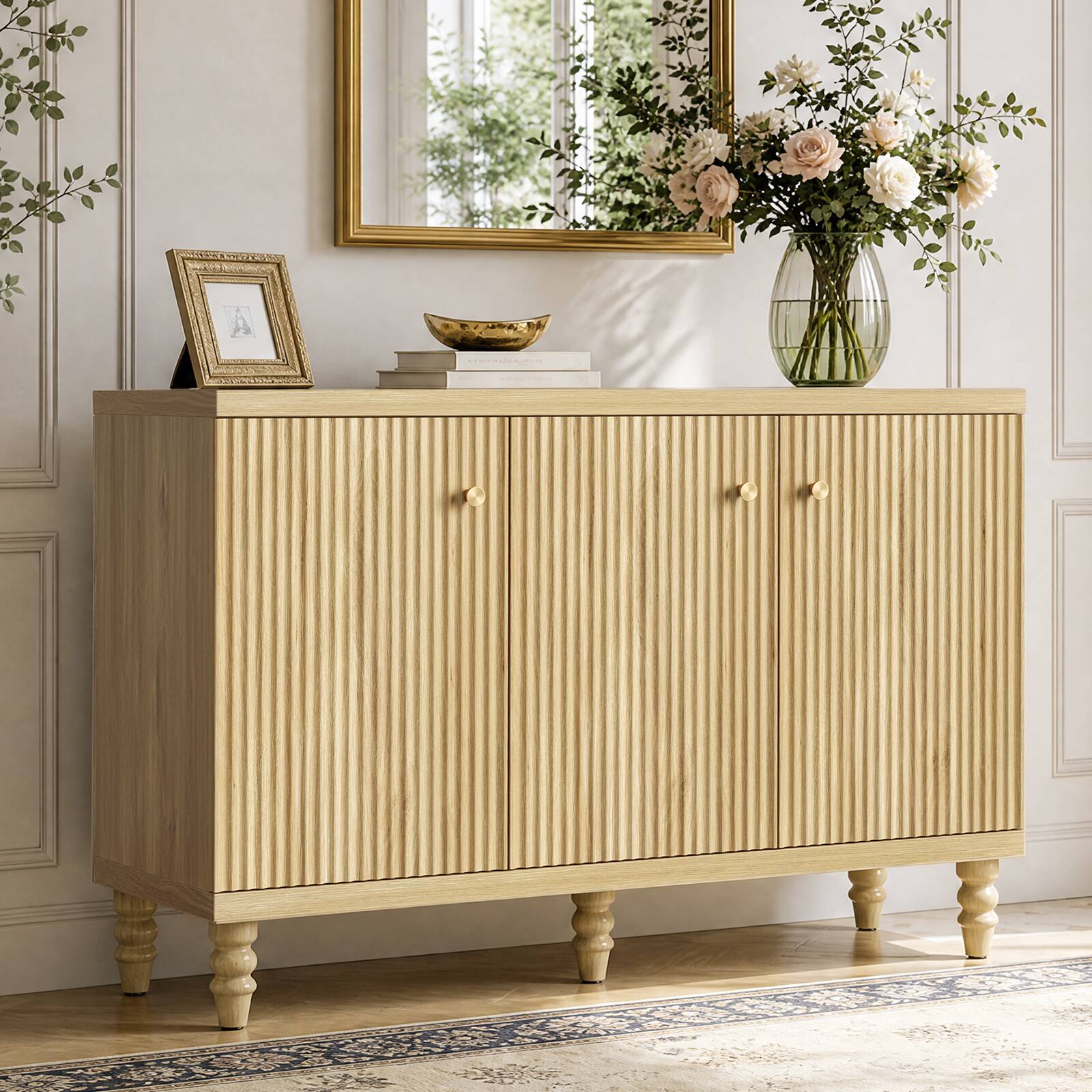 Left. Bestier - Mid Century Fluted TV Stand with 3 Doors, Retro Media Console with Brushed Gold Handles & Wood Legs - Natual Oak.