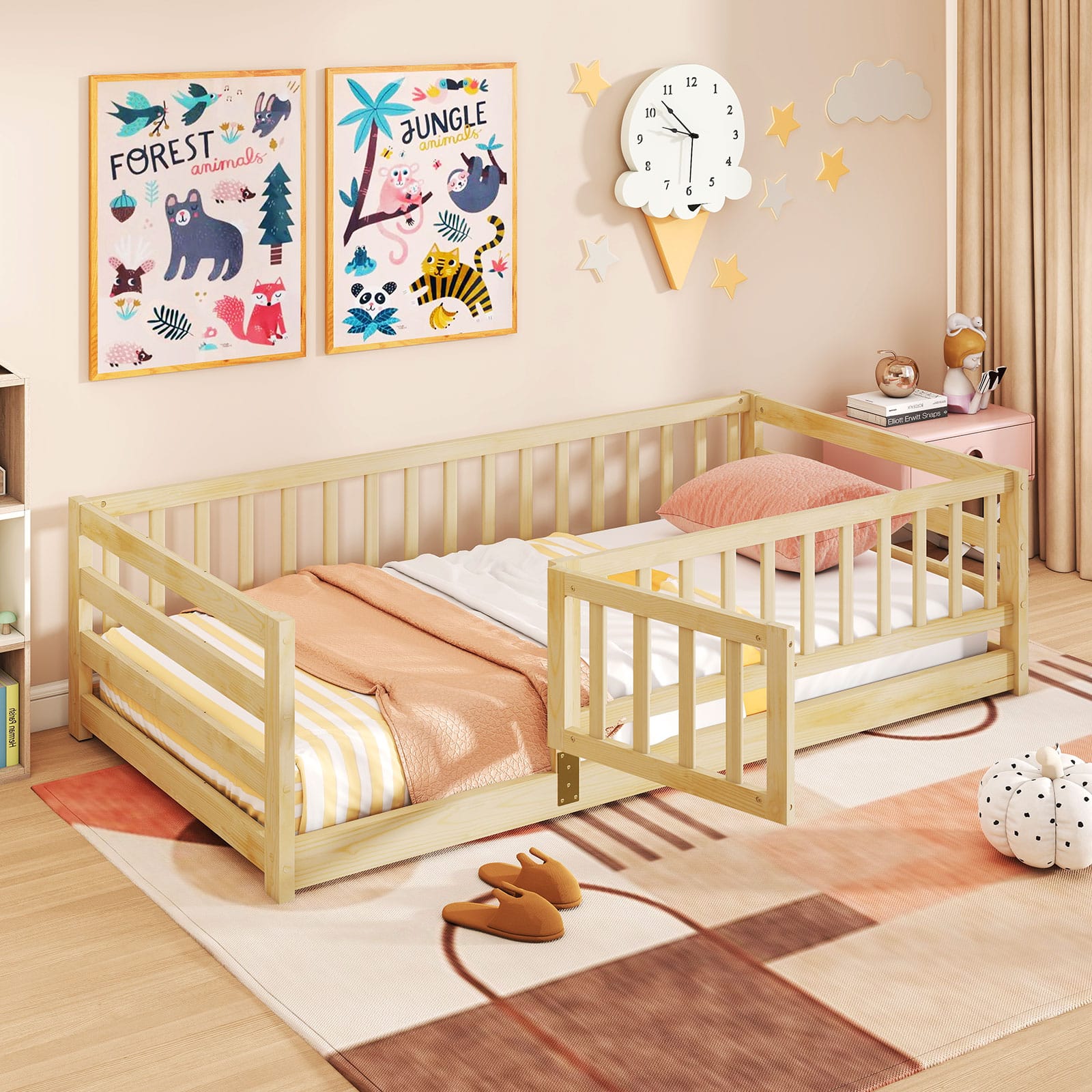 Gymax - Twin Size Floor Bed w/High Fence & Door Safety Guardrails Wood Floor Bed Frame - Natural