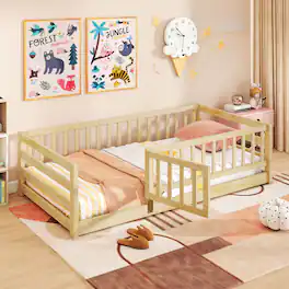 Gymax - Twin Size Floor Bed w/High Fence & Door Safety Guardrails Wood Floor Bed Frame - Natural