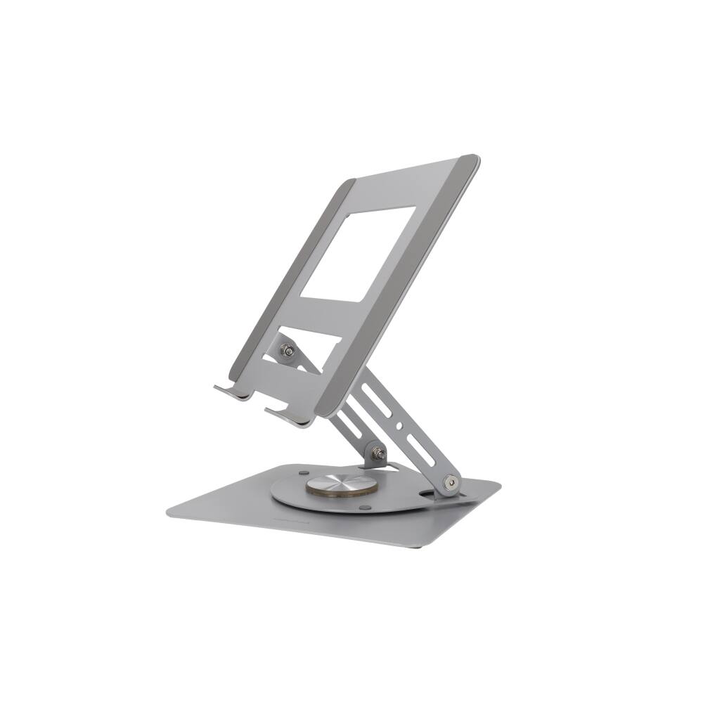 Left. RadioShack - RadioShack 360° Rotating Laptop Stand (2607177): Fits 17.3", adjustable height & angle, cooling, non-slip, foldable - Silver.