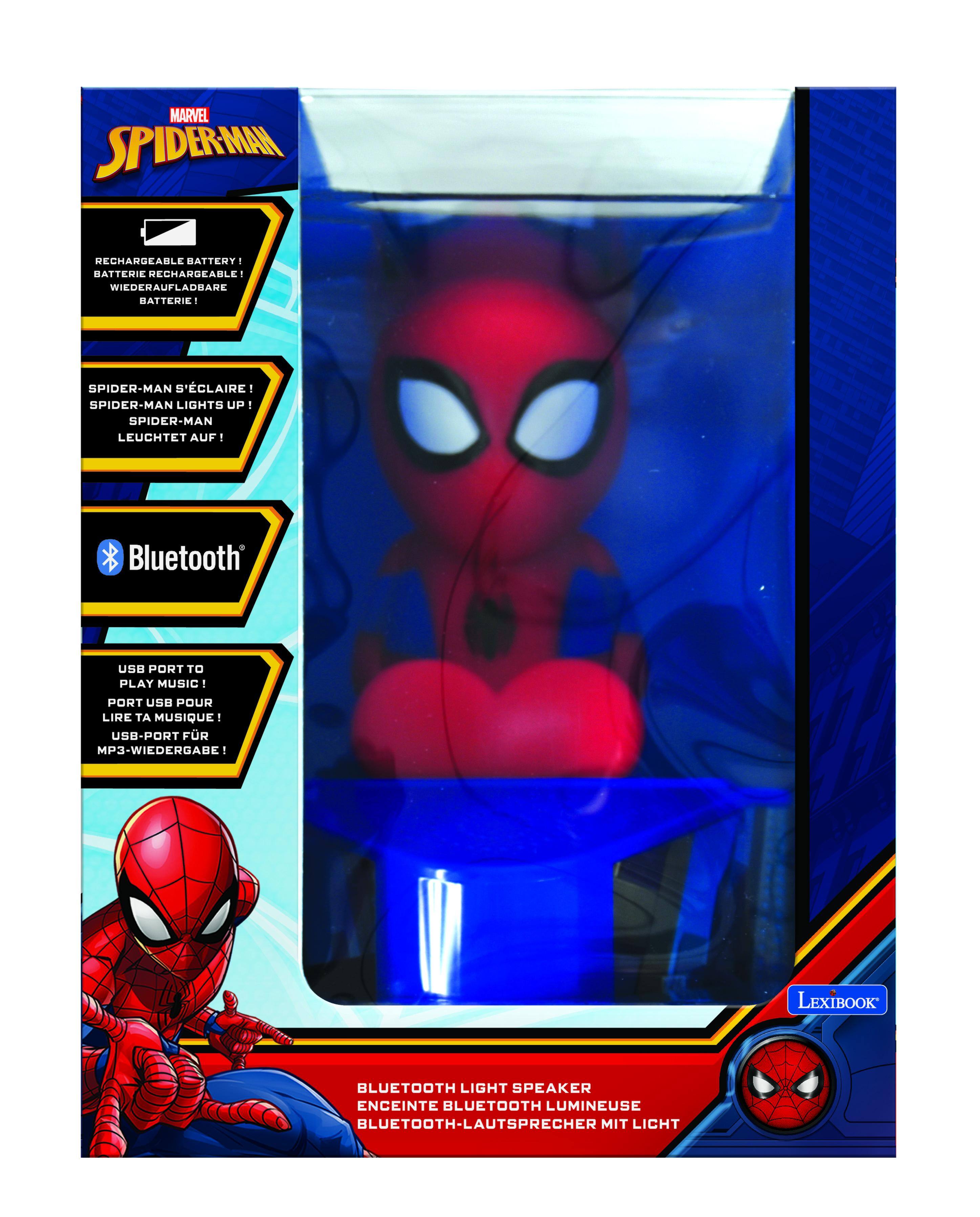 MARVEL SPIDER-MAN RECHARGEABLE BATTERY: BATTERIE RECHARGEABLE - WIEDERAUFLADBARE BATTERIE!  
SPIDER-MAN S'ÉCLAIRE! SPIDER-MAN LIGHTS UP! SPIDER-MAN LEUCHTET AUF!  
Bluetooth USB PORT TO PLAY MUSIC: PORT USB POUR LIRE TA MUSIQUE: USB-PORT FÜR MP3-WIEDERGABE!  
LEXIBOOK BLUETOOTH LIGHT SPEAKER: ENCEINTE BLUETOOTH LUMINEUSE: BLUETOOTH-LAUTSPRECHER MIT LICHT