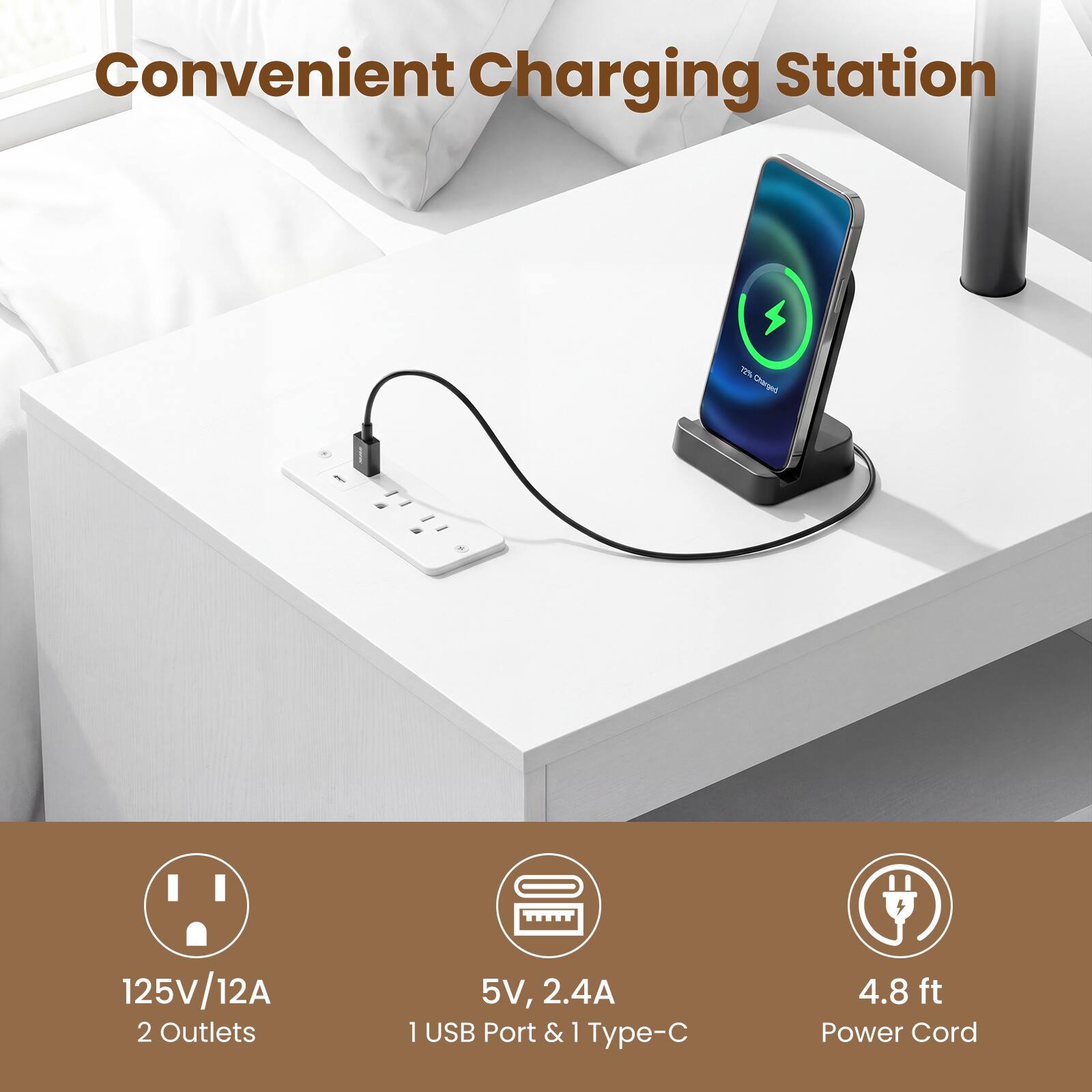 Convenient Charging Station

125V/12A  
2 Outlets

5V, 2.4A  
1 USB Port & 1 Type-C

4.8 ft Power Cord