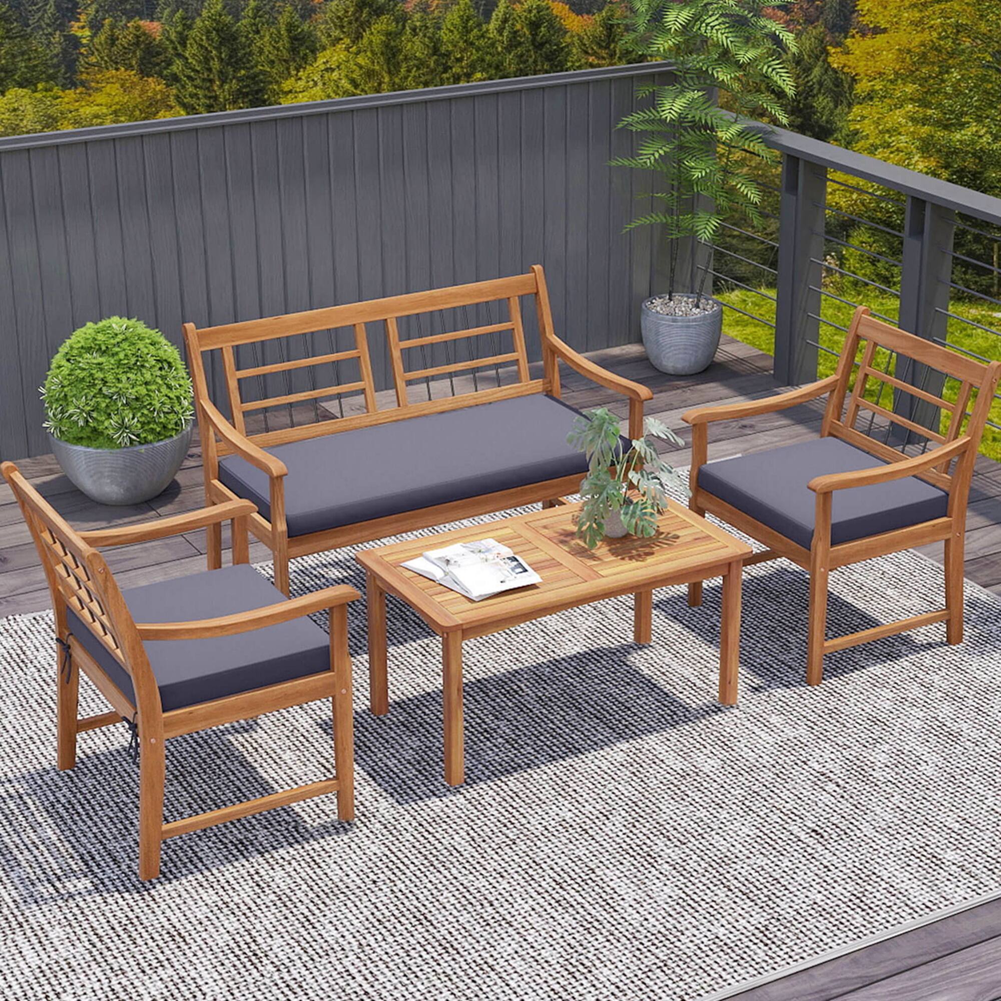 Alt View 4. Costway - 4 PCS Wood Patio Furniture Set with Soft Seat Cushions Solid Acacia Wood Frame - Gray,Natural.