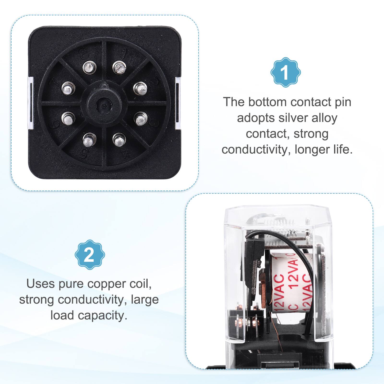 1. The bottom contact pin adopts silver alloy contact, strong conductivity, longer life.
2. Uses pure copper coil, strong conductivity, large load capacity.

12VA 12VAC C 12VAC