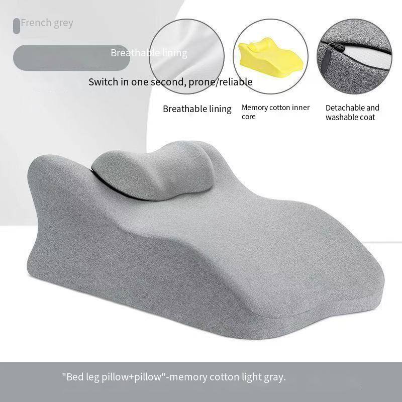 French grey  
Breathable lining  
Switch in one second, prone/reliable  
Breathable lining  
Memory cotton inner core  
Detachable and washable coat  

"Bed leg pillow+pillow"-memory cotton light gray.