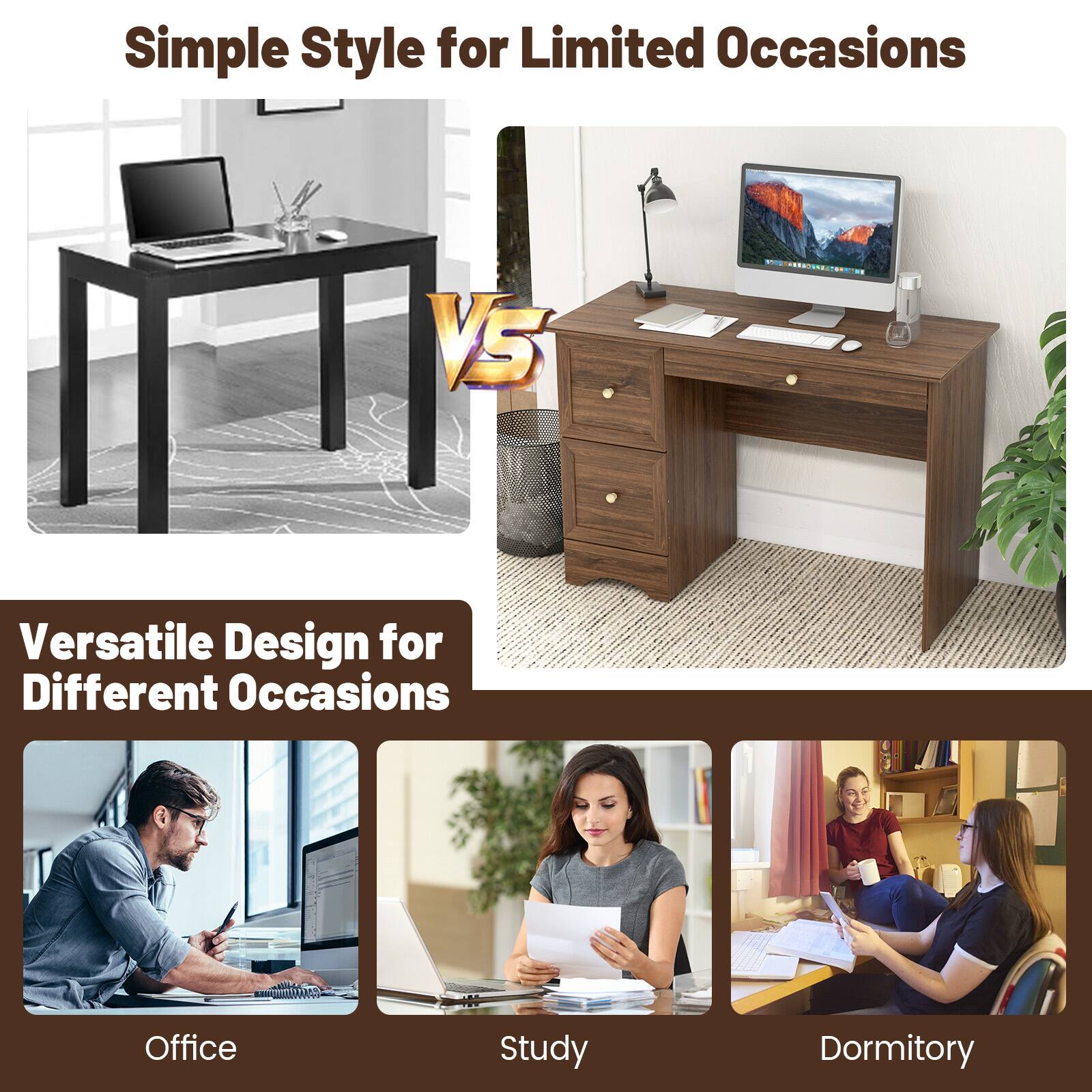 Simple Style for Limited Occasions

VS

Versatile Design for Different Occasions

Office  
Study  
Dormitory
