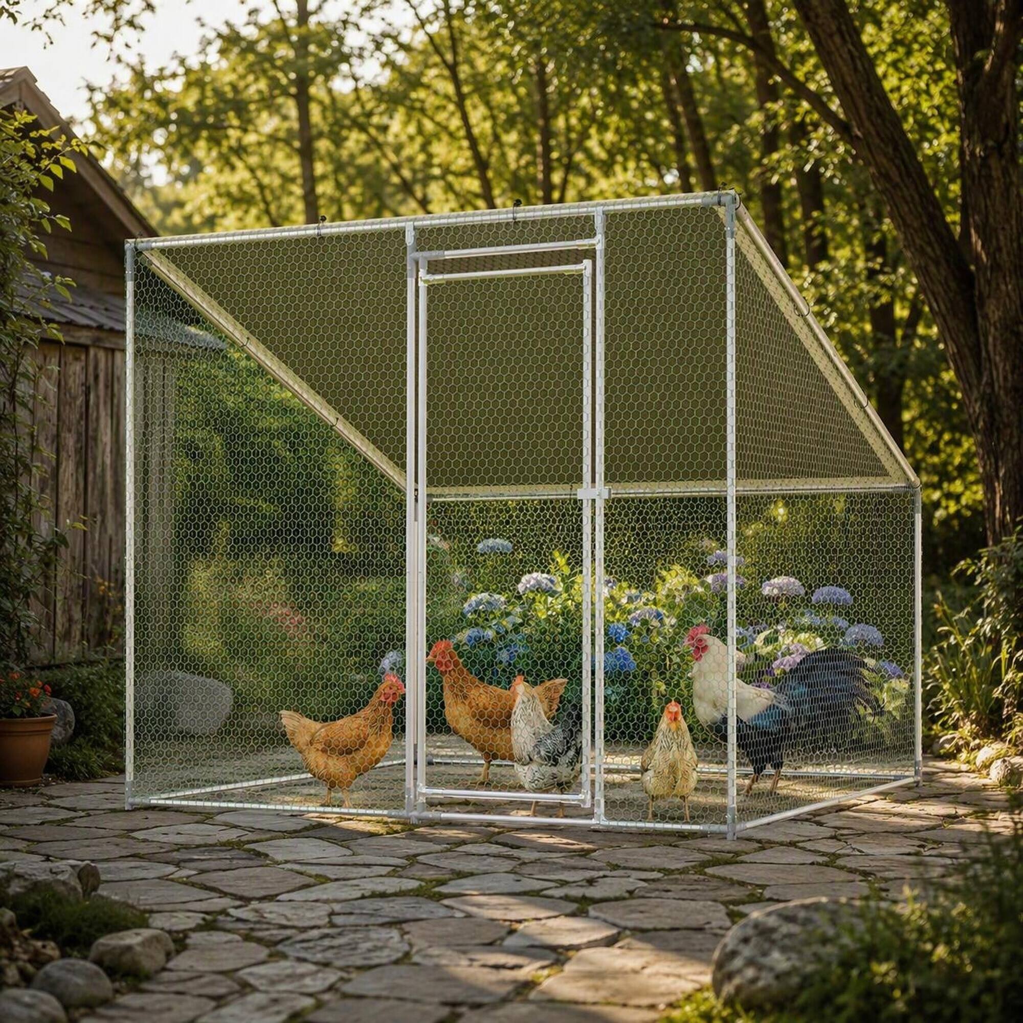 Angle. RYHNUYNE - Walk-In Metal Chicken Coop 84x78.7 Inch, Waterproof & Anti-UV Poultry Cage with Slanted Roof.