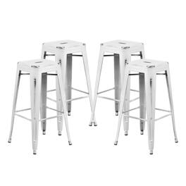 Emma + Oliver - Commercial Grade 4 Pack 30" High Backless Distressed Metal Indoor-Outdoor Barstool - White