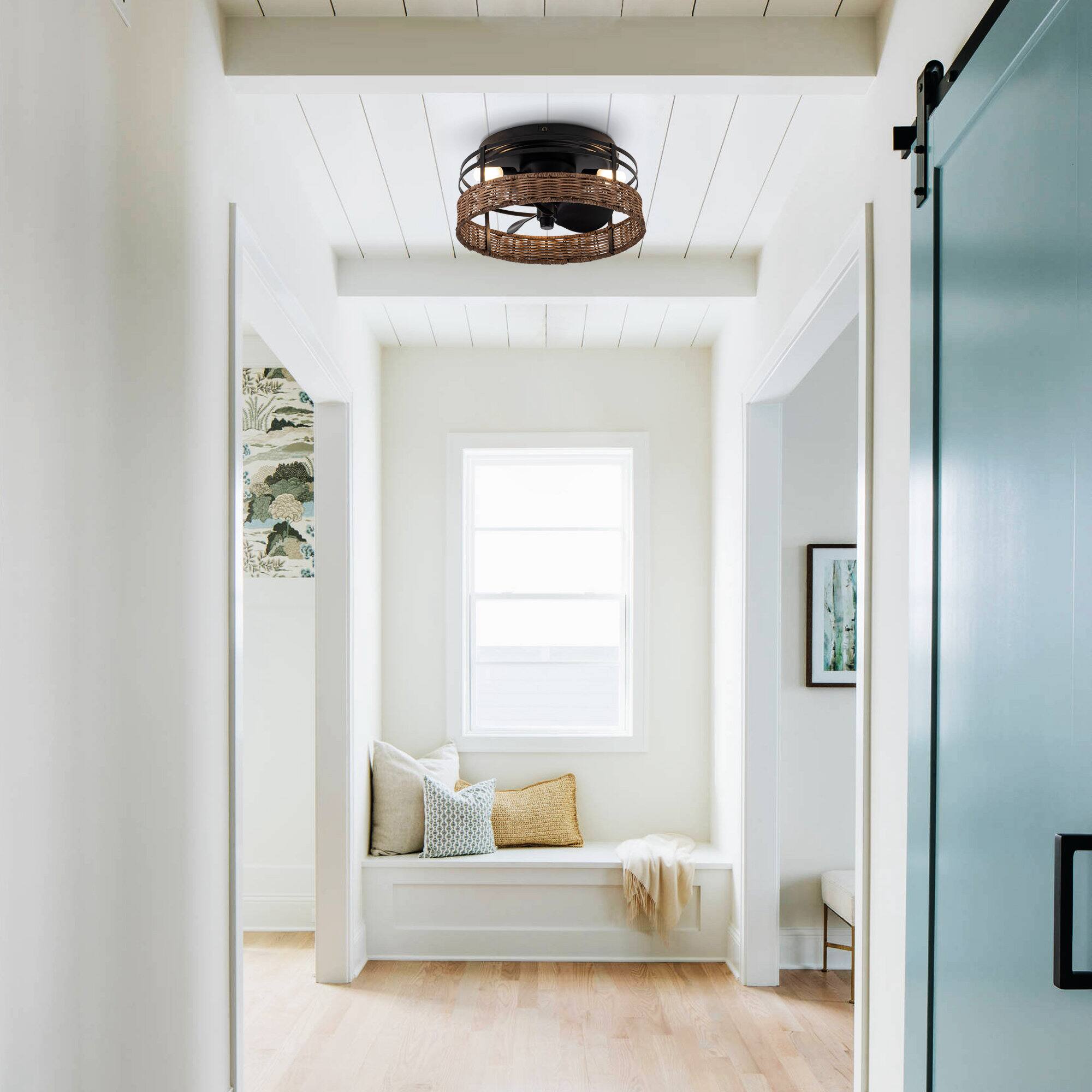 Back. Parrot Uncle - 13" Farmhouse Flush Mount Ceiling Fan with Light and Remote - Matte Black.