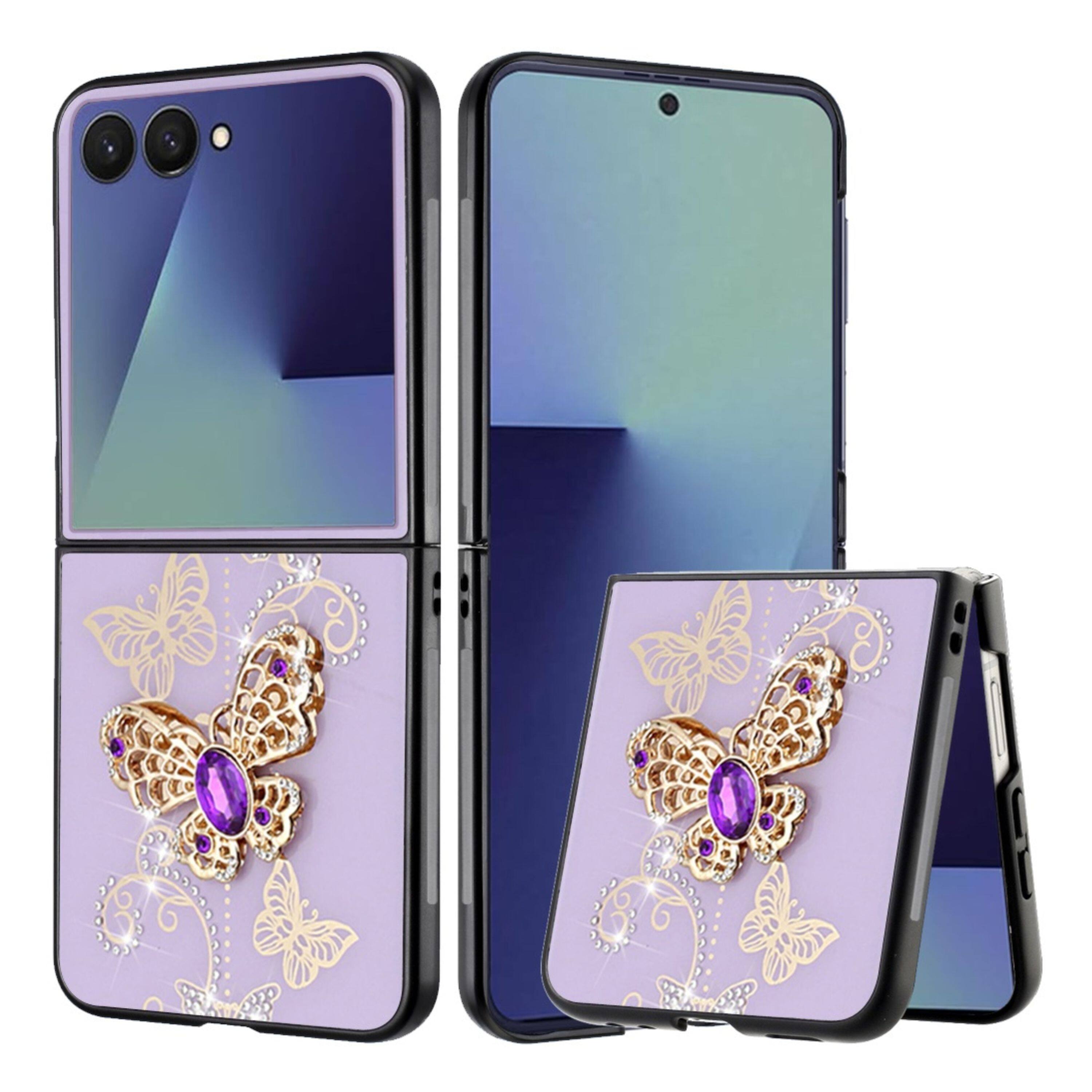 Angle. Kitcheniva - Rhinestone Glitter Cover Case With Tempered Glass For Samsung Z Flip7 Butterflies Purple - Garden Butterflies Purple.