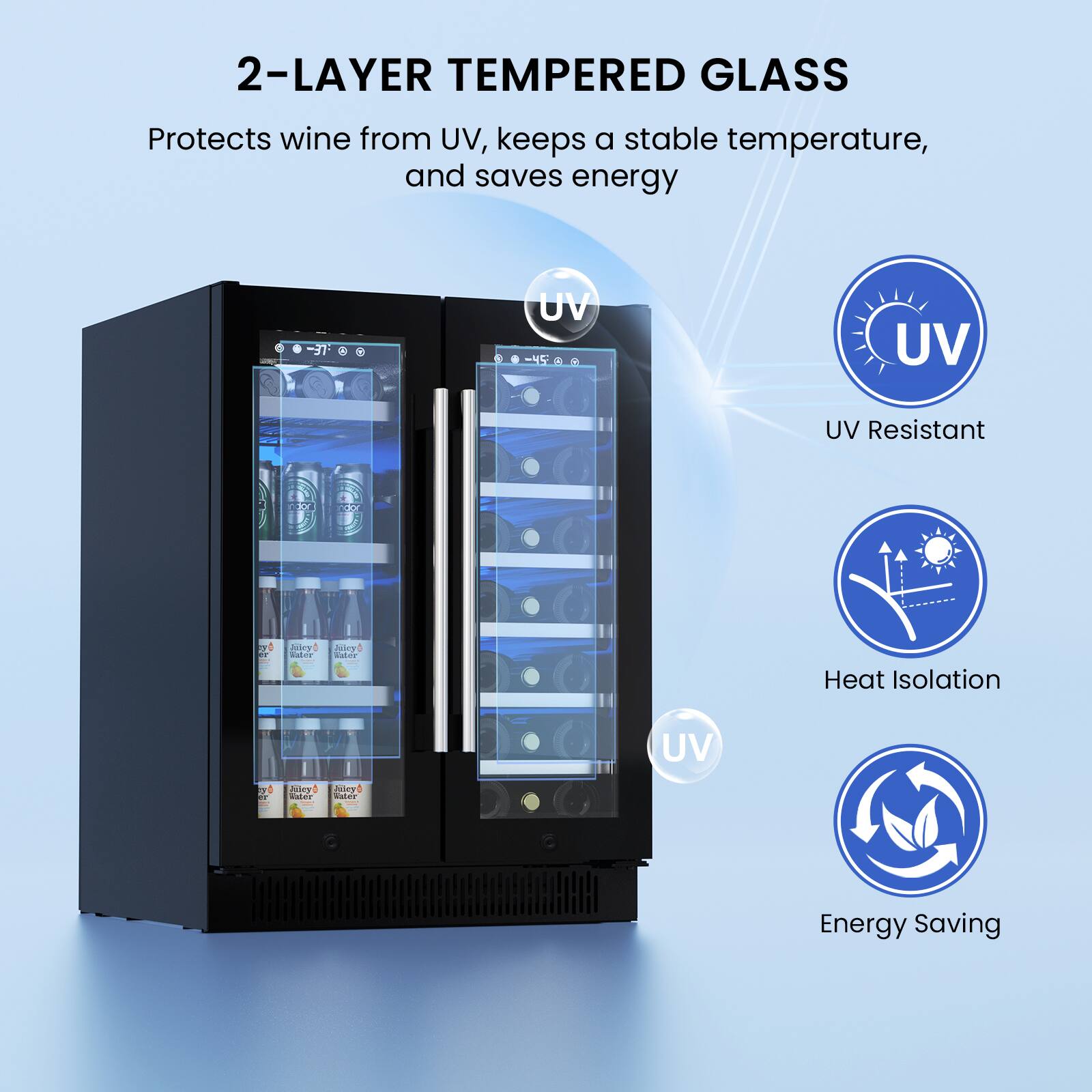 2-LAYER TEMPERED GLASS  
Protects wine from UV, keeps a stable temperature, and saves energy  

- UV Resistant  
- Heat Isolation  
- Energy Saving