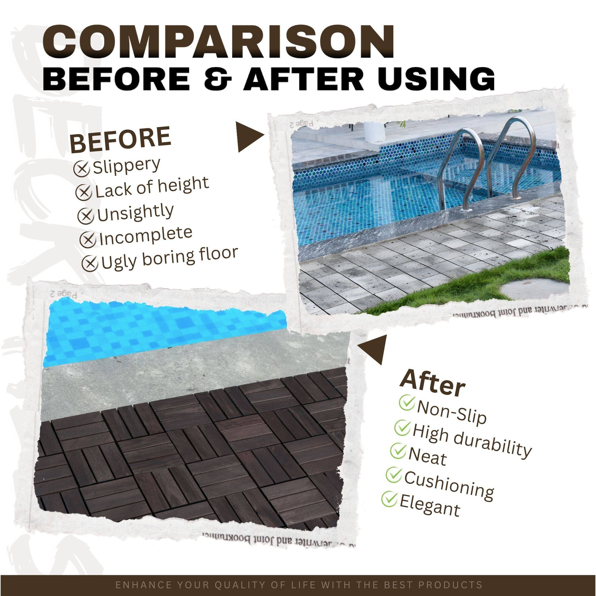 **Comparison Before & After Using**

**Before:**
- Slippery
- Lack of height
- Unsightly
- Incomplete boring floor
- Ugly

**After:**
- Non-Slip
- High durability
- Neat
- Cushioning
- Elegant

*Enhance your quality of life with the best products.*
