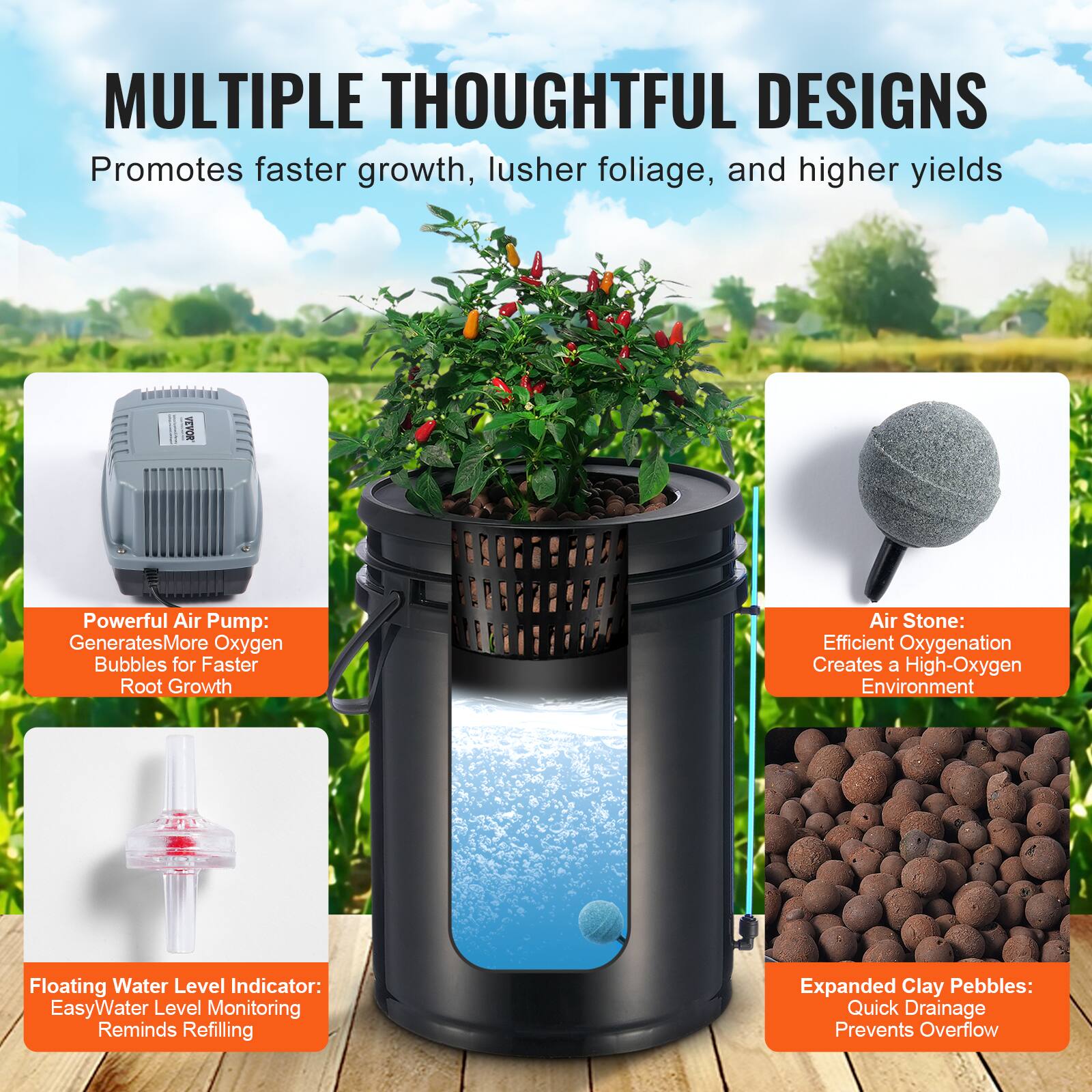 MULTIPLE THOUGHTFUL DESIGNS  
Promotes faster growth, lusher foliage, and higher yields  

- Powerful Air Pump: Generates More Oxygen Bubbles for Faster Root Growth  
- Air Stone: Efficient Oxygenation Creates a High-Oxygen Environment  
- Floating Water Level Indicator: Easy Water Level Monitoring Reminds Refilling  
- Expanded Clay Pebbles: Quick Drainage Prevents Overflow