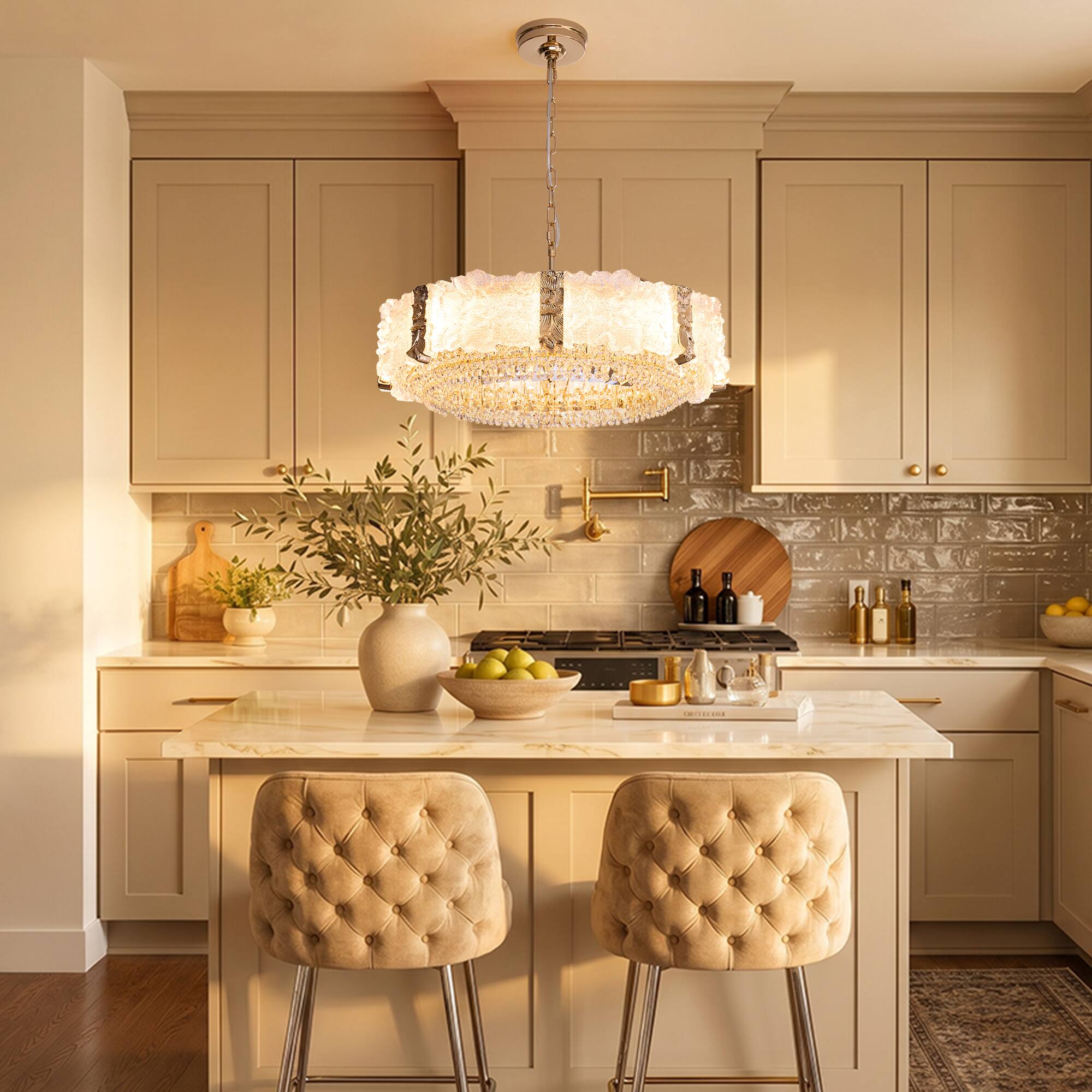 Alt View 2. Siljoy - 24 Inch Oval Luxury Gold Crystal Chandelier with Icy Texture Glass, Pendant Light for Dining Room, Living Room - Champagne Gold.