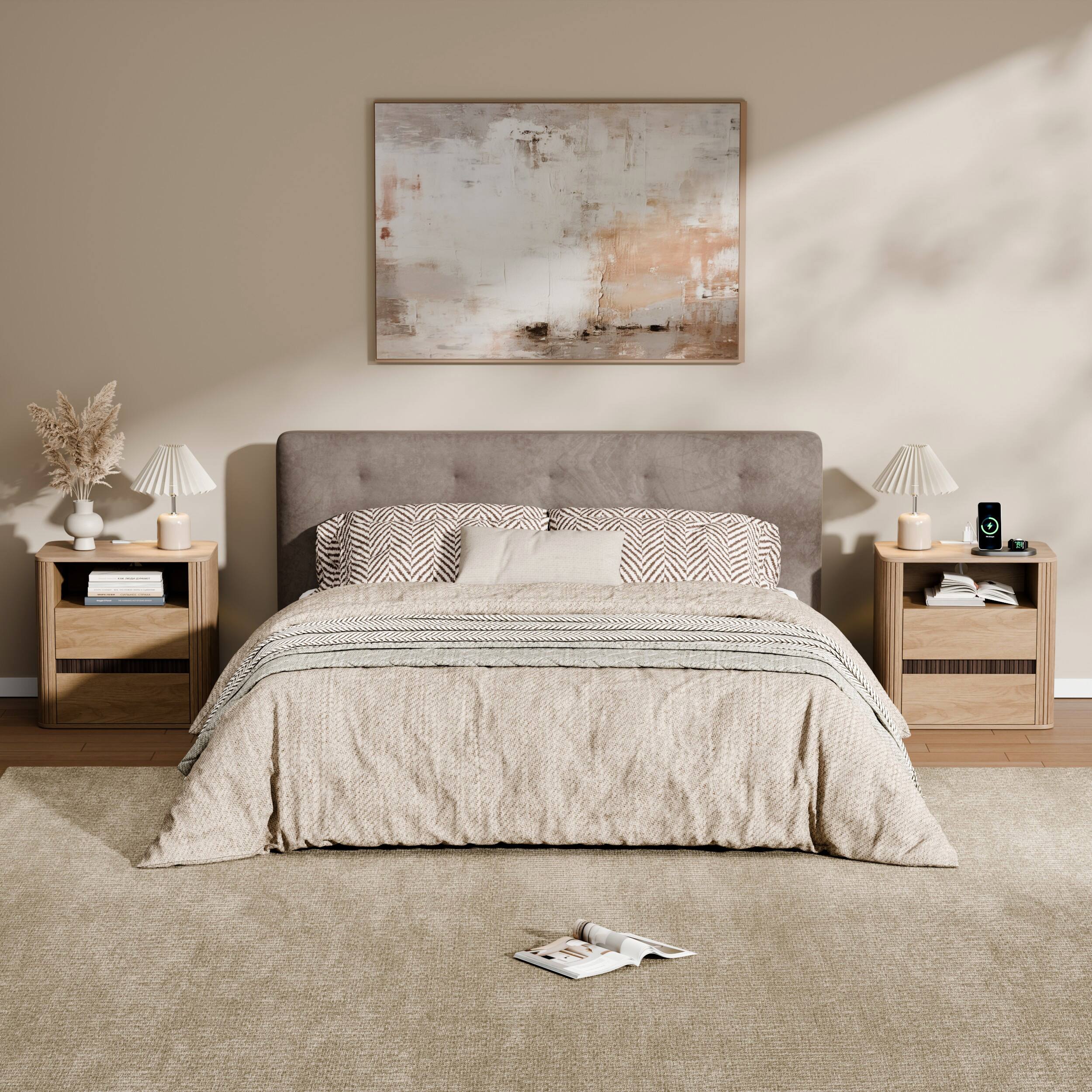 Alt View 1. Furnulem - 2 Drawer Fluted Nightstand with Built in Power Outlet Wood Side End Table for Bedroom - Yellow.