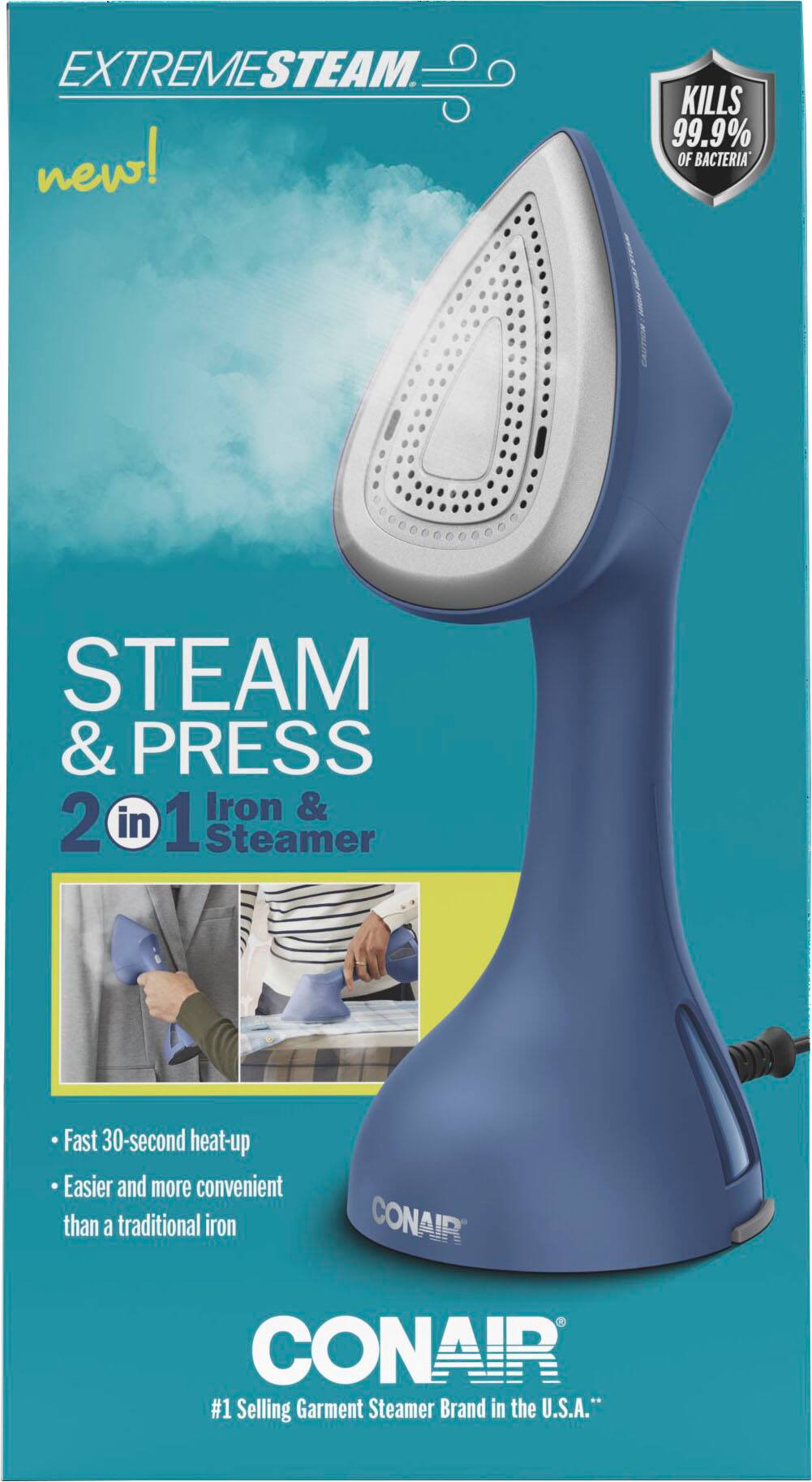 "Extreme Steam & Press 2014 Steamer: Kills 99.9% of bacteria, Steam & Press in 1, Fast 30-second heat-up, Easier and more convenient than a traditional iron. Conair, the #1 Selling Garment Steamer Brand in the U.S.A."
