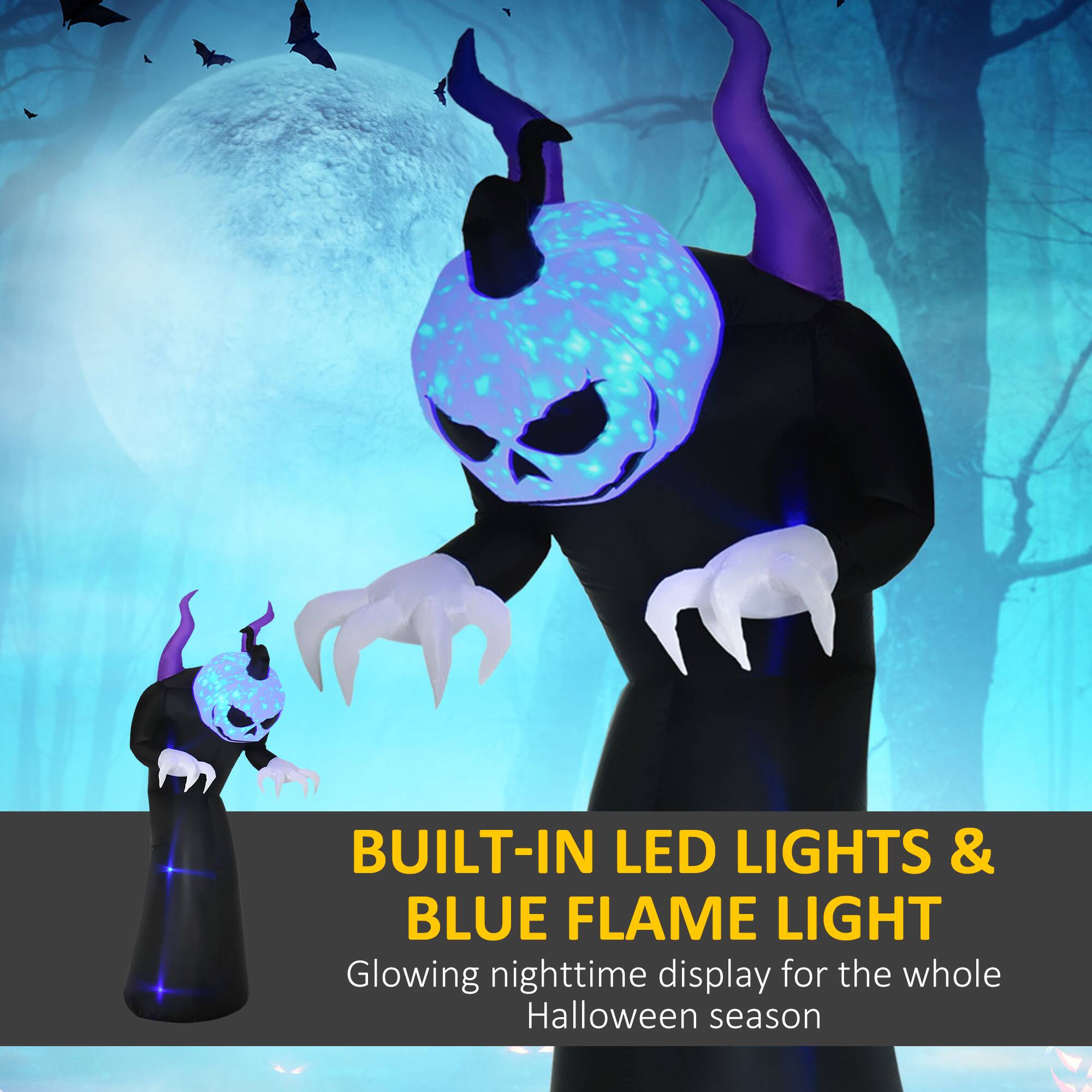 BUILT-IN LED LIGHTS & BLUE FLAME LIGHT  
Glowing nighttime display for the whole Halloween season