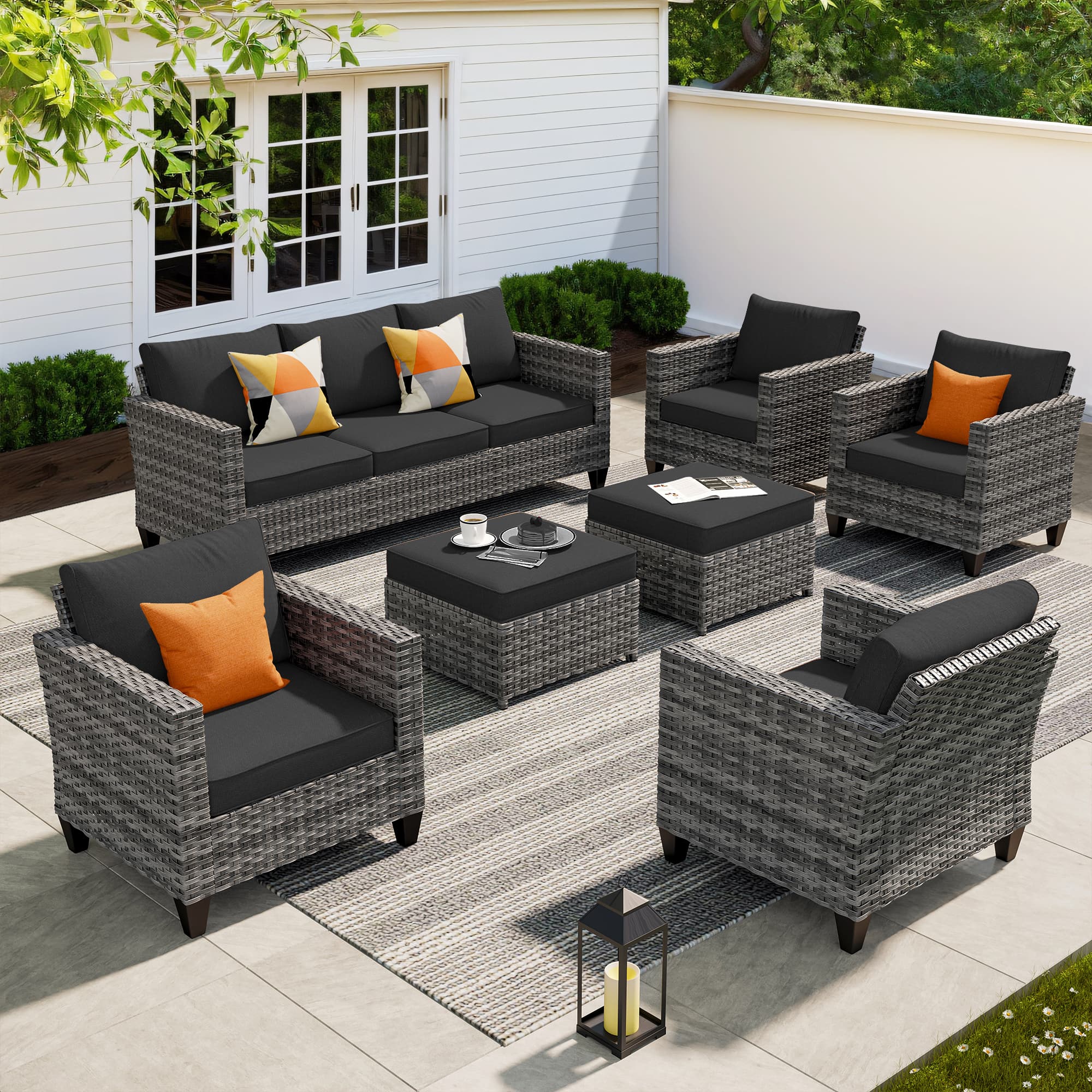 Ovios - 7 PCS Patio Furniture Set All-Weather Rattan 3 Seat Sofa with Comfy Armchairs & Ottomans - Black