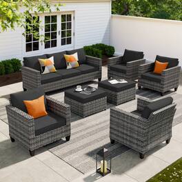 Ovios - 7 PCS Patio Furniture Set All-Weather Rattan 3 Seat Sofa with Comfy Armchairs & Ottomans - Black
