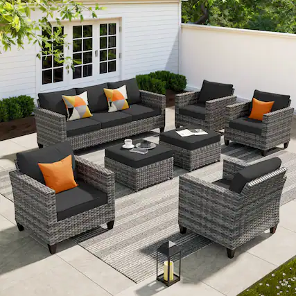 Front. Ovios - 7 PCS Patio Furniture Set All-Weather Rattan 3 Seat Sofa with Comfy Armchairs & Ottomans - Black.