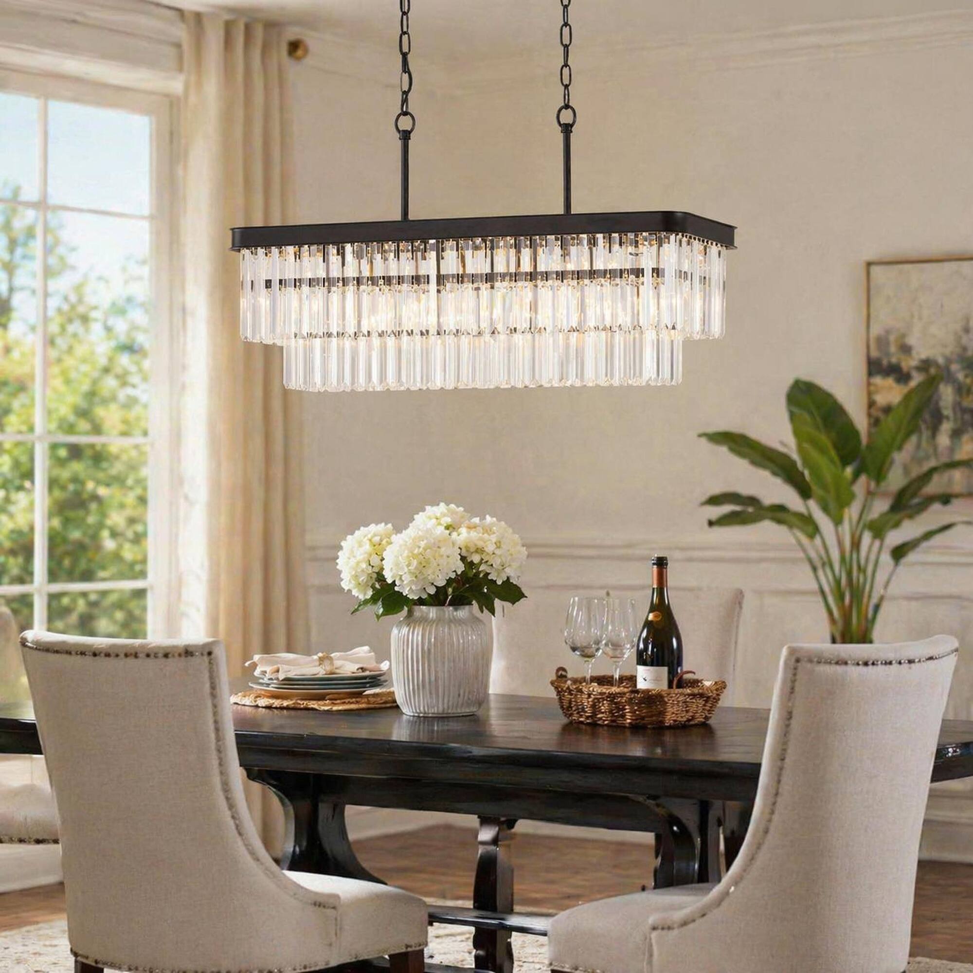 Left. RYHNUYNE - Rectangular Crystal Chandelier with Adjustable Height, Modern Industrial Iron Frame, E12 Sockets for Kitchen Island.