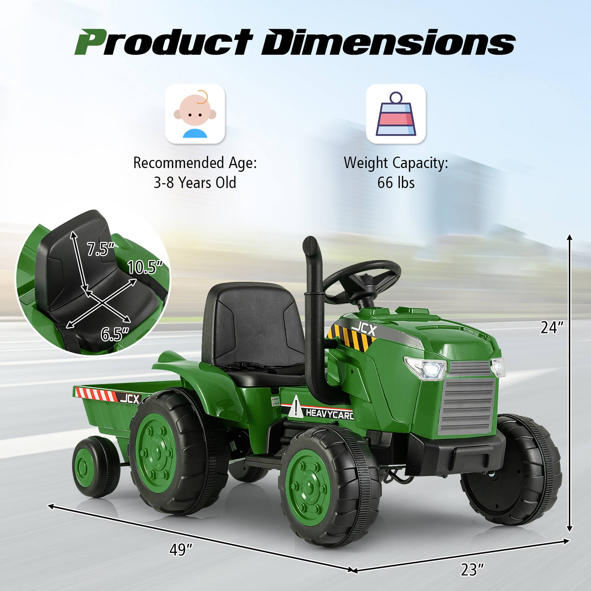 Product Dimensions

Recommended Age: 3-8 Years Old

Weight Capacity: 66 lbs

Dimensions:
- Length: 49"
- Width: 23"
- Height: 24"

Seat Dimensions:
- Width: 7.5"
- Depth: 10.5"
- Height: 6.5"