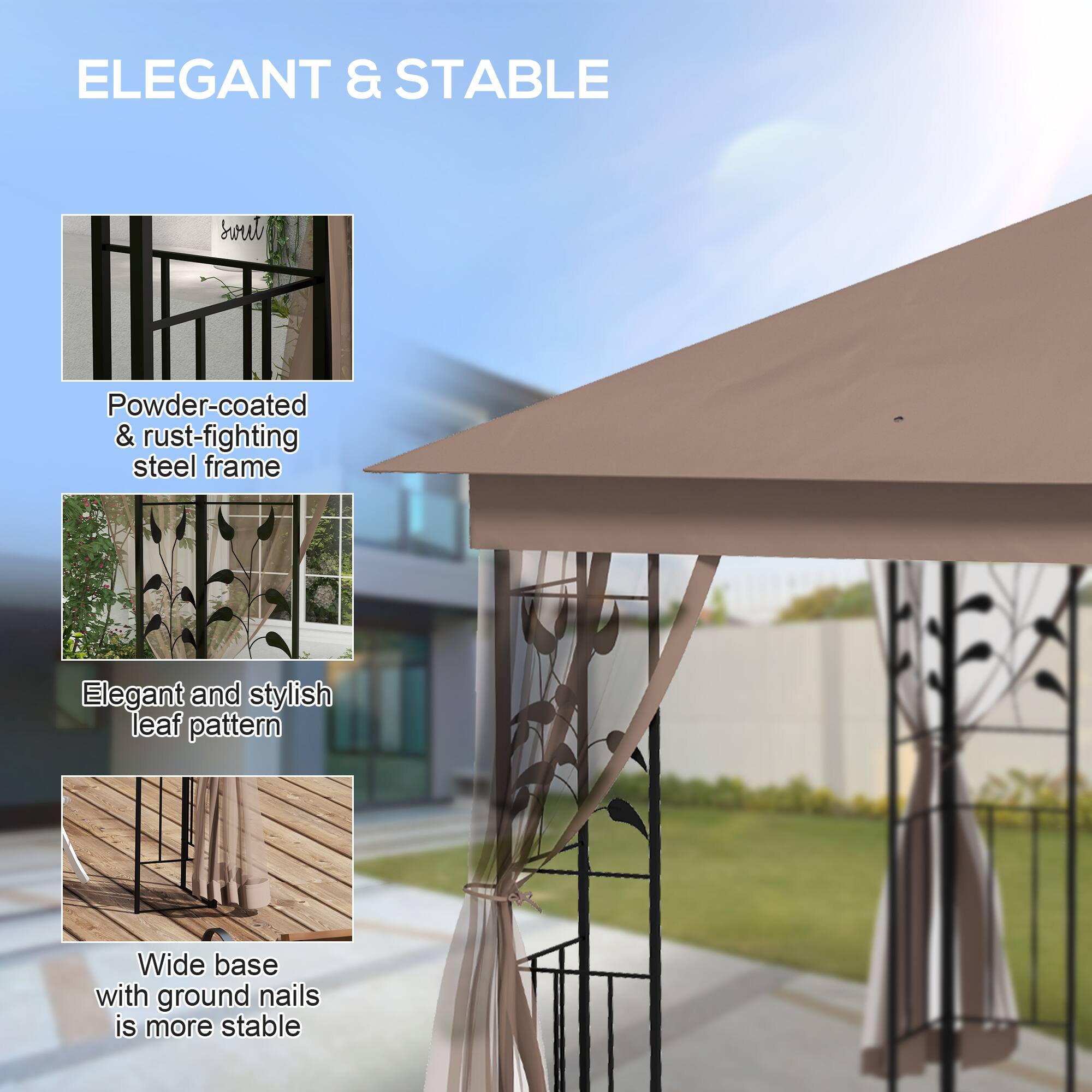 ELEGANT & STABLE

Powder-coated & rust-fighting steel frame

Elegant and stylish leaf pattern

Wide base with ground nails is more stable