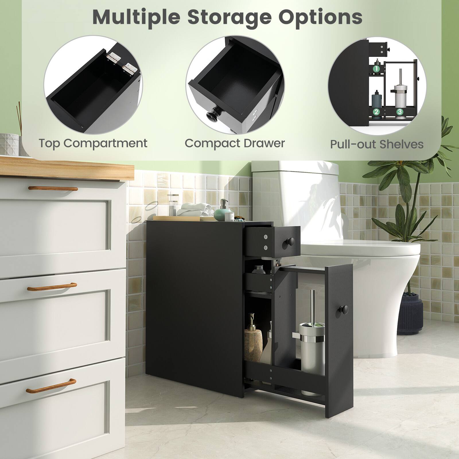 Multiple Storage Options

1. Top Compartment
2. Compact Drawer
3. Pull-out Shelves