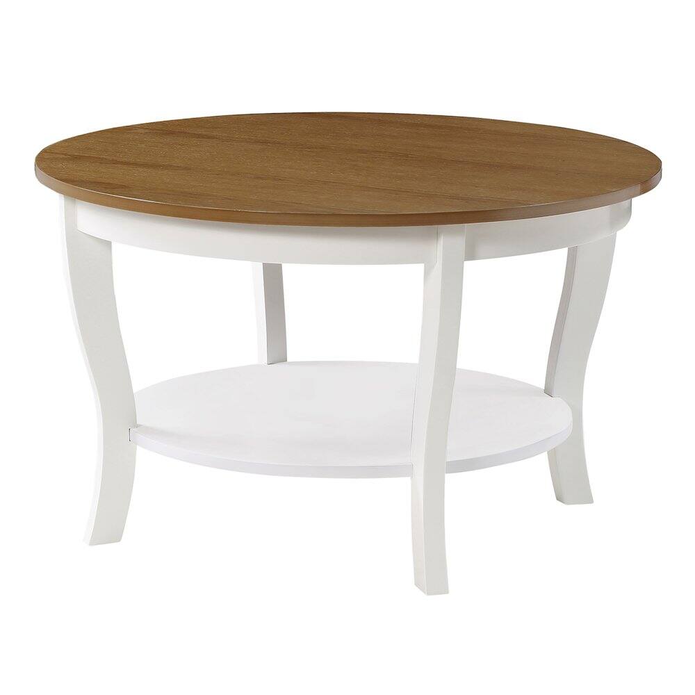 Front. FurniFact - Elegant Brown Round Coffee Table with Shelf - Driftwood/White.