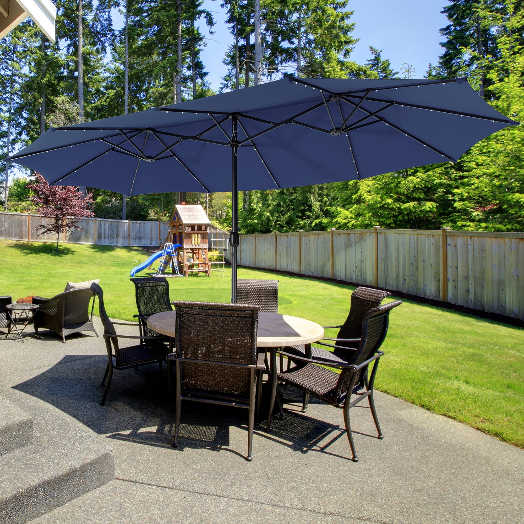 Alt View 2. Gymax - Gymax 15Ft Solar LED Patio Outdoor Double-Sided Umbrella w/ 48 Lights Crank Navy - Navy.