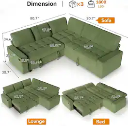 Dyonery - 80-inch 5-person seat Combination-style sofa, featuring adjustable backrest and storage space,corduroy Green - Green
