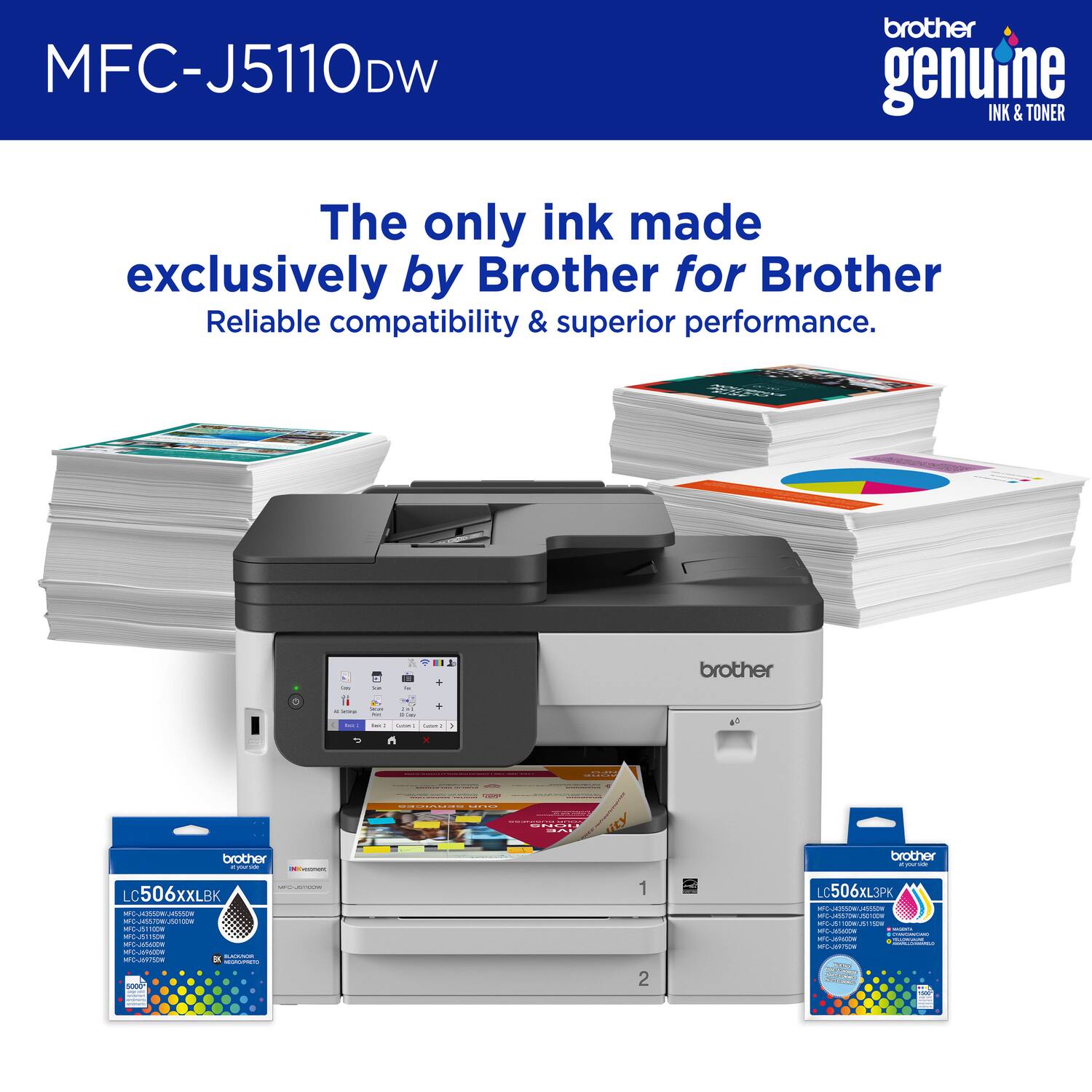 MFC-J5110DW  
Brother genuine INK & TONER  
The only ink made exclusively by Brother for Brother  
Reliable compatibility & superior performance.  

LC506XXLBK  
LC506XL3PK