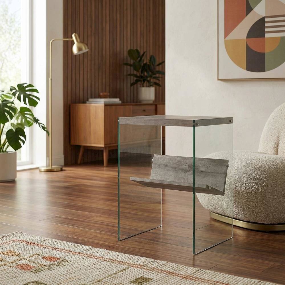 Alt View 1. FurniFact - Modern End Table with Wooden Finish and Compact Design - Clear And Gray.