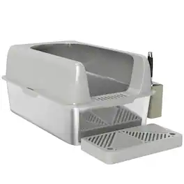 Pawhut - Sided Stainless Steel Litter Box with Metal Scoop & Scoop Holder, for Easy Clean& Anti-Urine Leakage - Light Gray