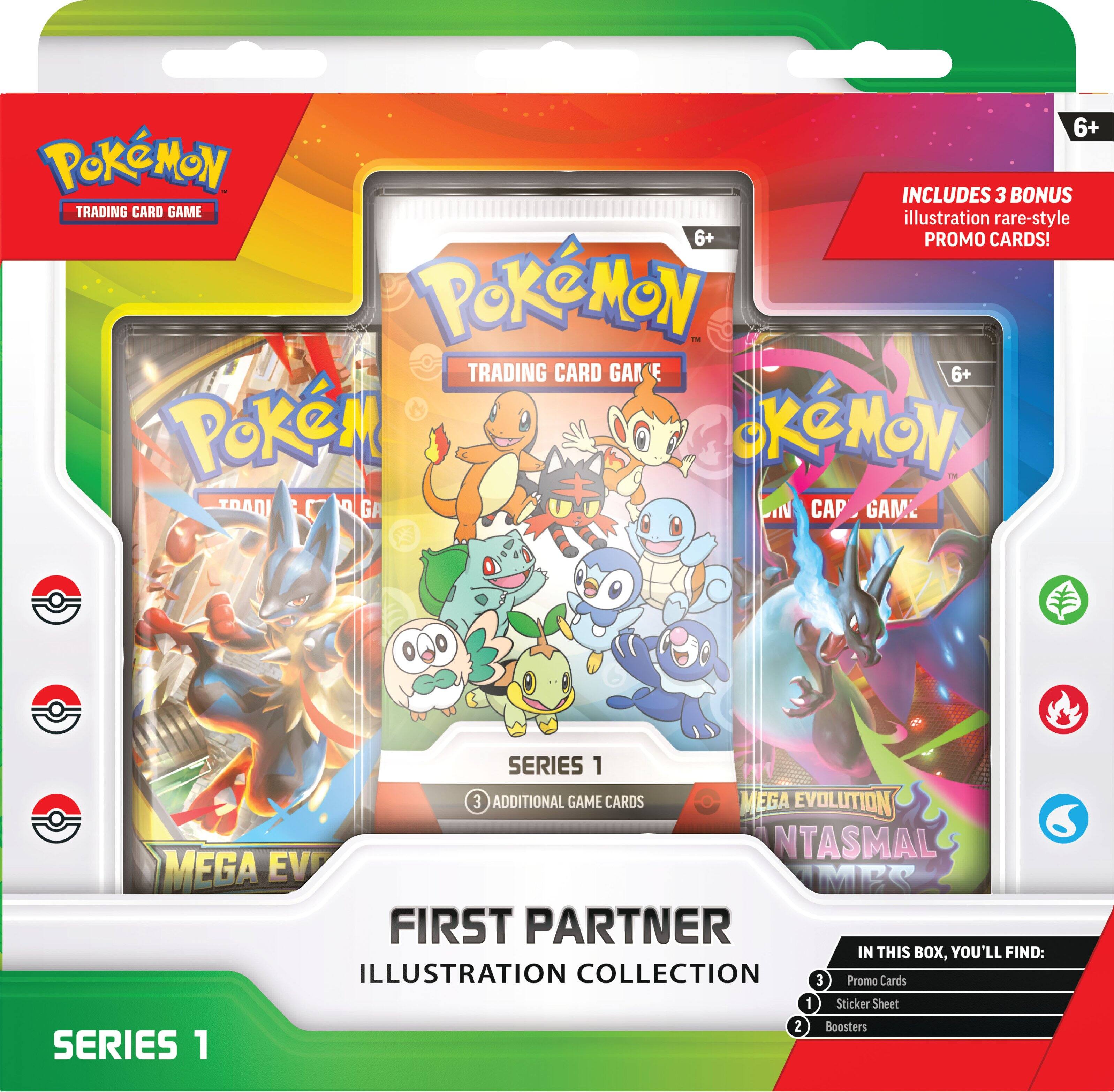 6+ Pokémon includes 3 bonus trading card game illustration rare-style promo cards! Pokémon T trading card game 6+ Pokémon toad game series 1 3 additional game cards mega evolution ntasmal mega ev mis first partner in this box, you'll find: illustration collection 3 promo cards 1 sticker sheet 2 boosters series 1