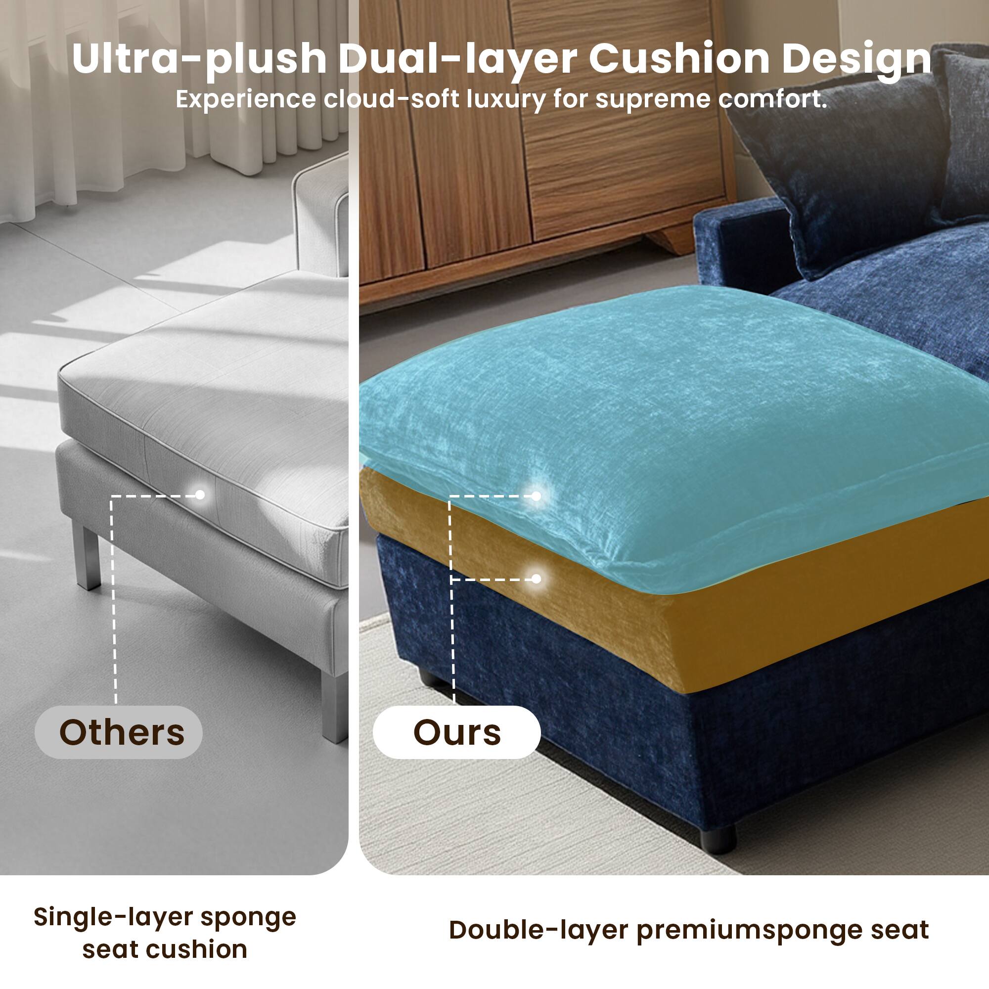 Ultra-plush Dual-layer Cushion Design  
Experience cloud-soft luxury for supreme comfort.

Others  
Single-layer sponge seat cushion

Ours  
Double-layer premium sponge seat