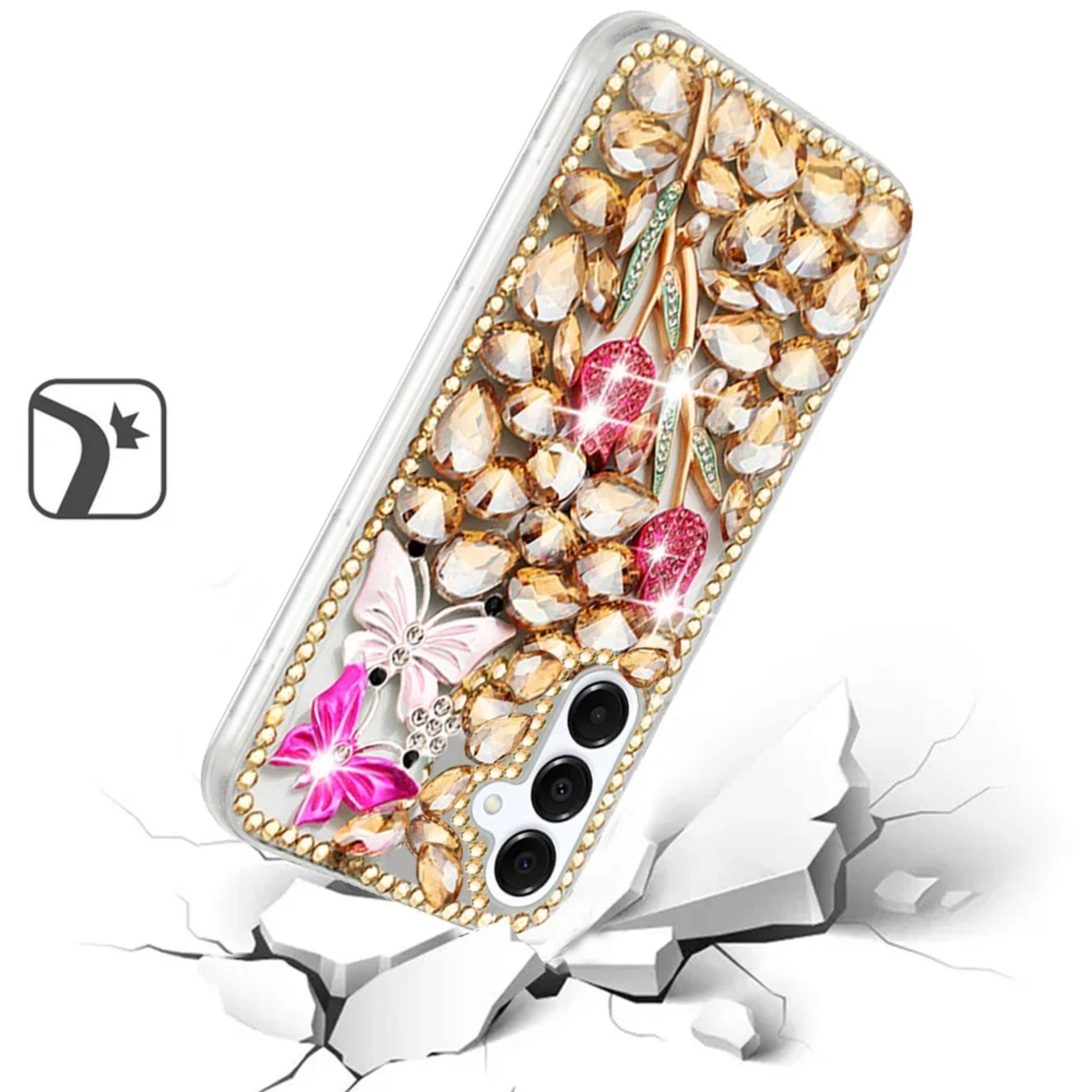 Left. Kitcheniva - Full Diamond Bling Cover 3D Jewels Plus Tempered Glass For Samsung S25/S24 Gold Exquisite Garden - Multicolor.