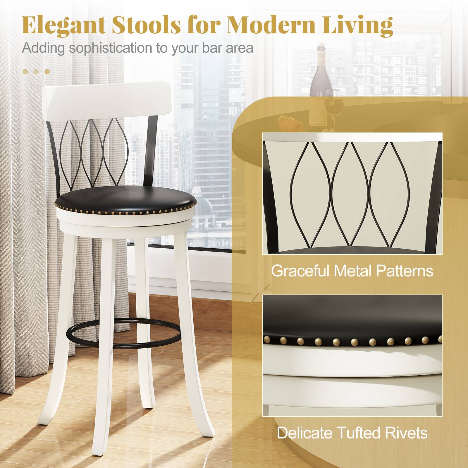 Elegant Stools for Modern Living  
Adding sophistication to your bar area  

Graceful Metal Patterns  
Delicate Tufted Rivets