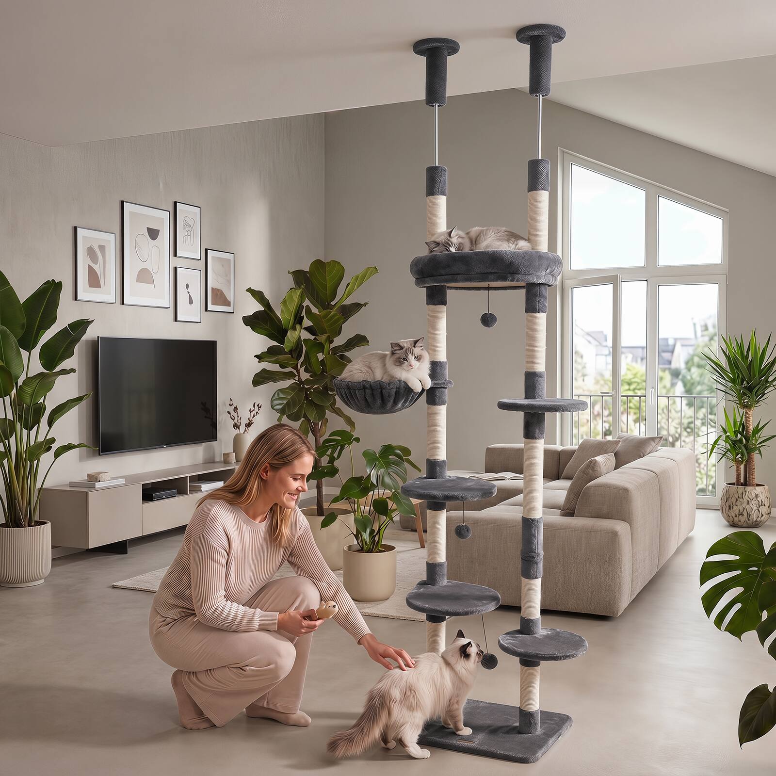 Alt View 4. Gymax - Gymax 6-tier Floor to Ceiling Cat Tree w/Plush Bed Hammock Sisal Scratching Posts Gray.