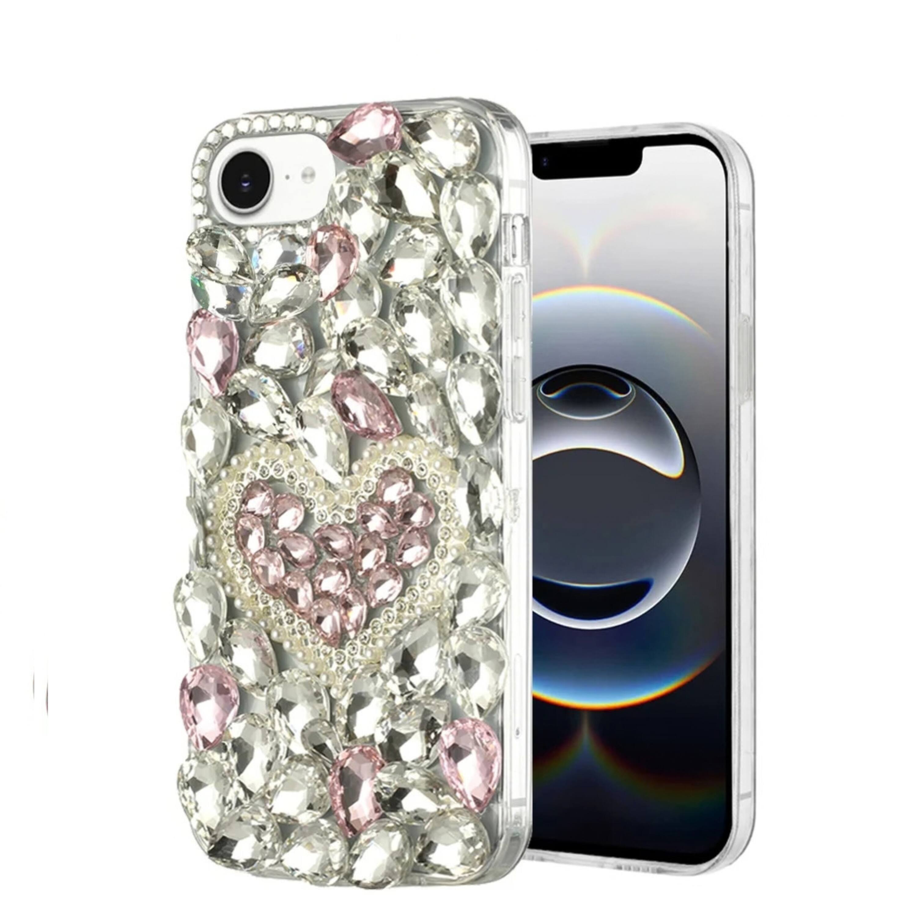 Angle. Kitcheniva - Full Diamond Faux 3D Jewel Phone Case With Tempered Glass For iPhone 16e 17e Pink Heart - White.