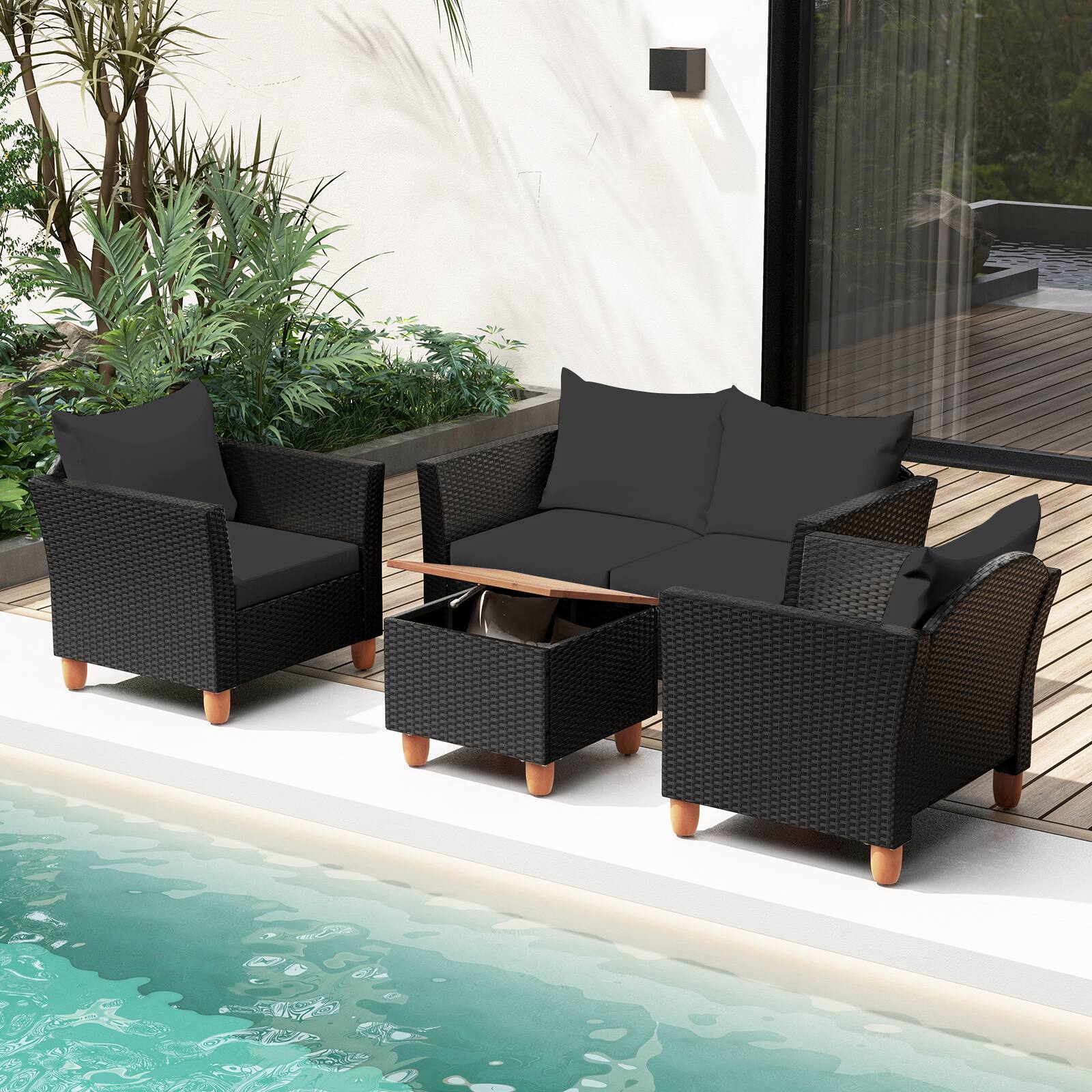 Alt View 3. Costway - Costway 4 Piece Outdoor Conversation Set, Patio Cushioned Chairs with Storage Coffee Table - Black.